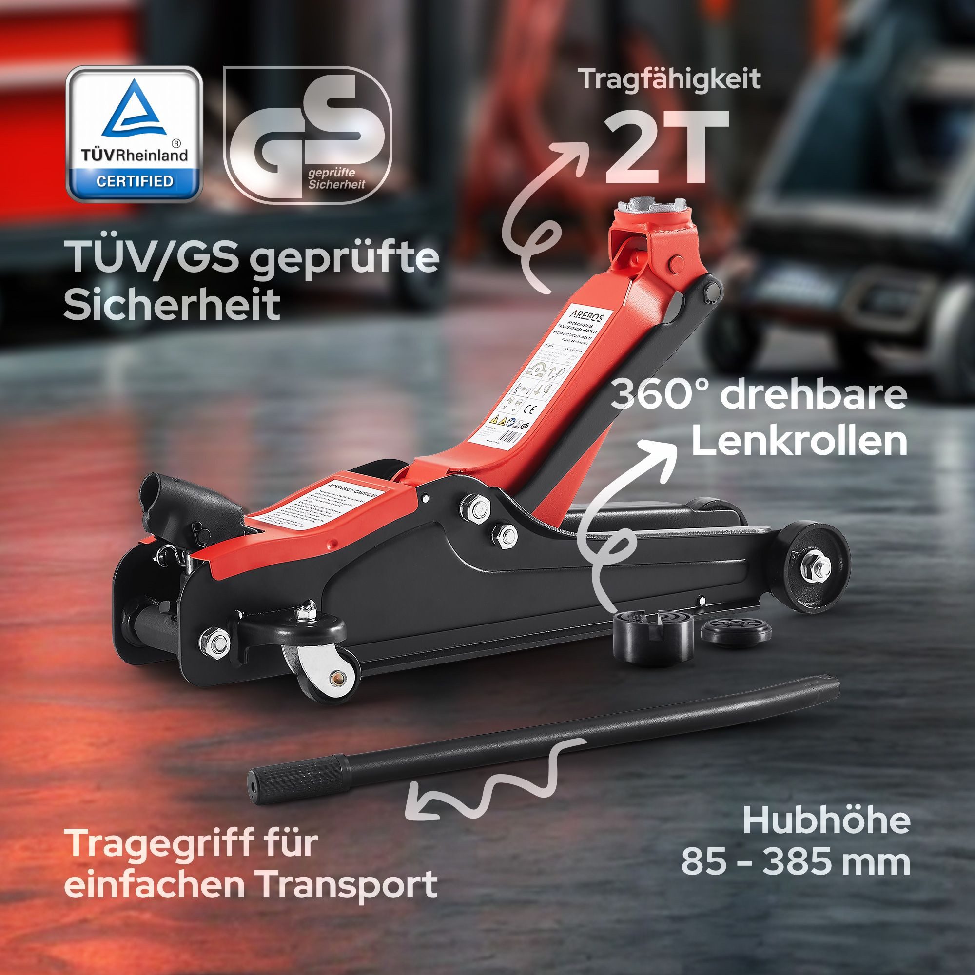 Arebos Rangierwagenheber 2t Hydraulischer Wagenheber Autoheber mit Gummiauflagen, max. Hubhöhe: 38,50 cm, Großer Aufnahmeteller, Ultra flach, Extralange Hebelstange