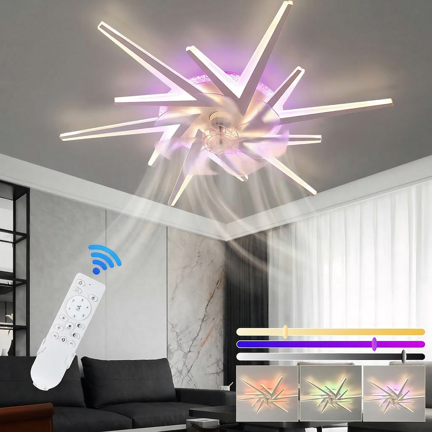 oyajia Deckenleuchte Leise Deckenventilator mit Beleuchtung, 78W LED Deckenleuchte 5800LM, LED fest integriert, Warmweiß, Naturweiß, Kaltweiß, LED Deckenleuchte mit Ventilator, 7 Lichter Design Deckenventilator