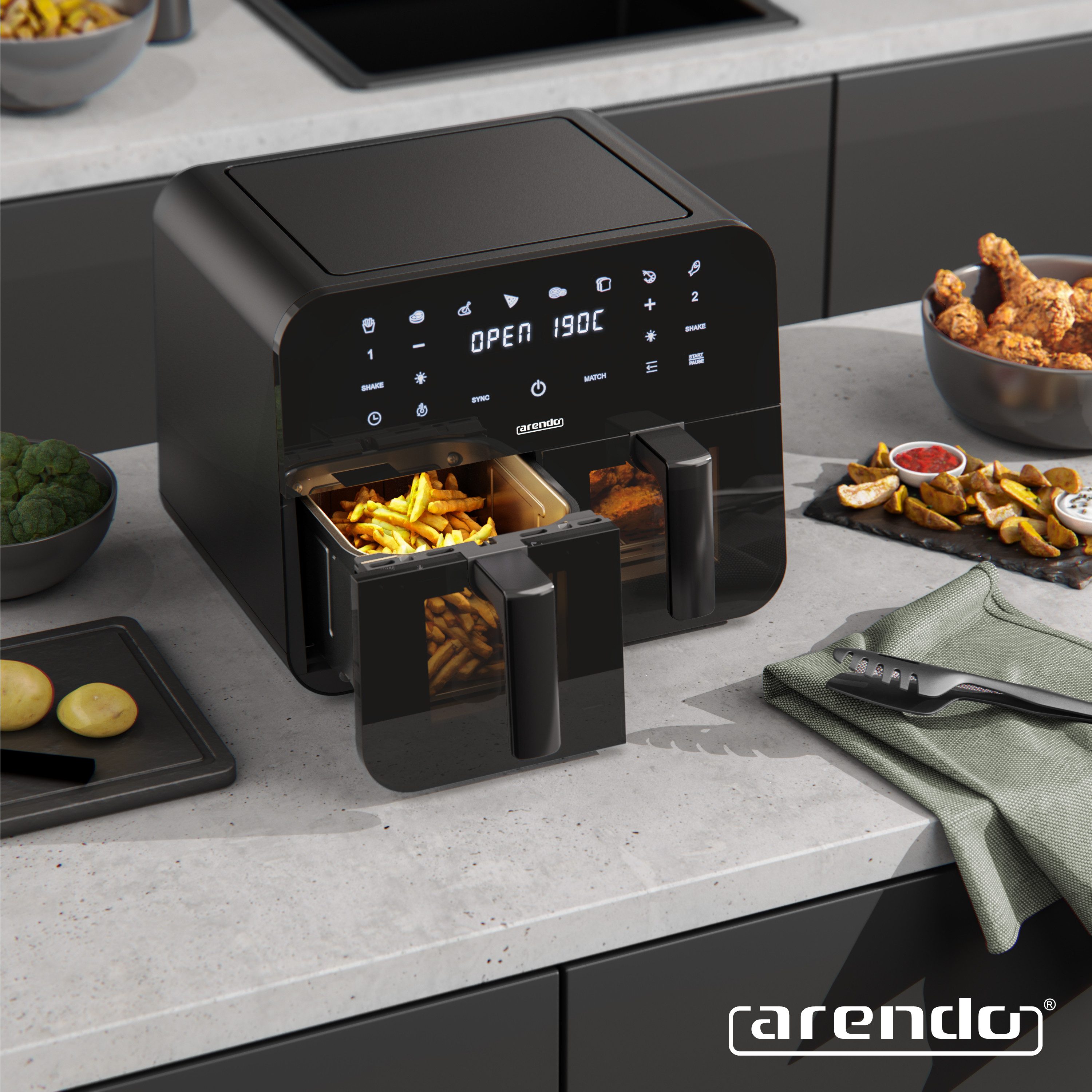 Arendo Heißluftfritteuse XXL Doppelkammer Airfryer 9L mit Backpapier & Zubehör, Dual Zone, 2400 W, Sichtfenster mit Beleuchtung, Umluftsystem, fettarmes gesundes Kochen