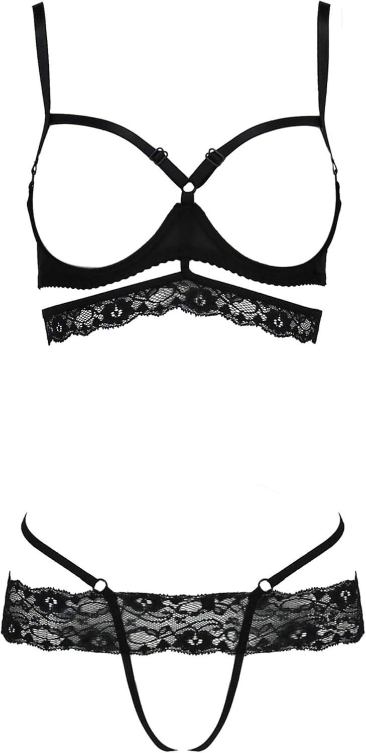 Passion Set: Bügel-BH Dessous-Set Saria schwarz offen BH + String Spitze (Set)