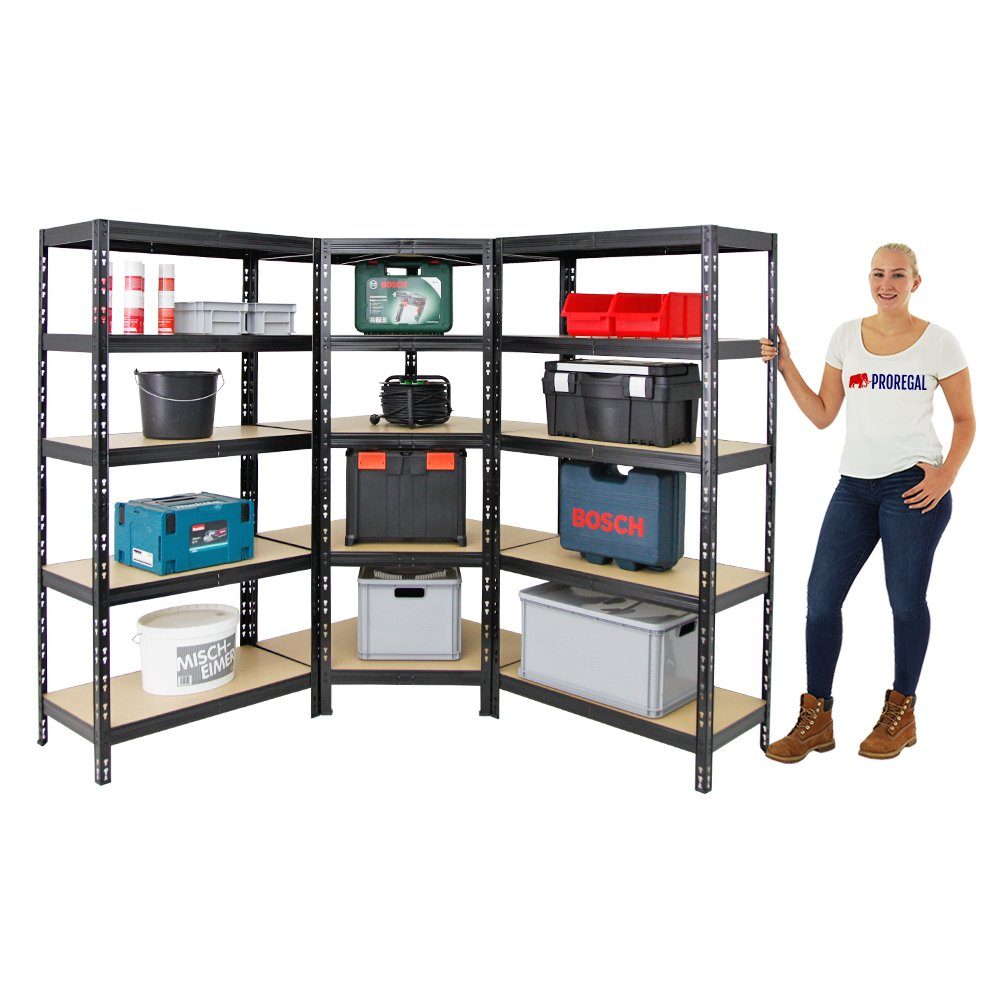 PROREGAL® Eckregal MegaDeal Tiger 1x Eckregal + 2 Stück 180x90x45cm Schwarz, Fachlast von 175 kg beim Eckregal und 265 kg bei den Standregalen