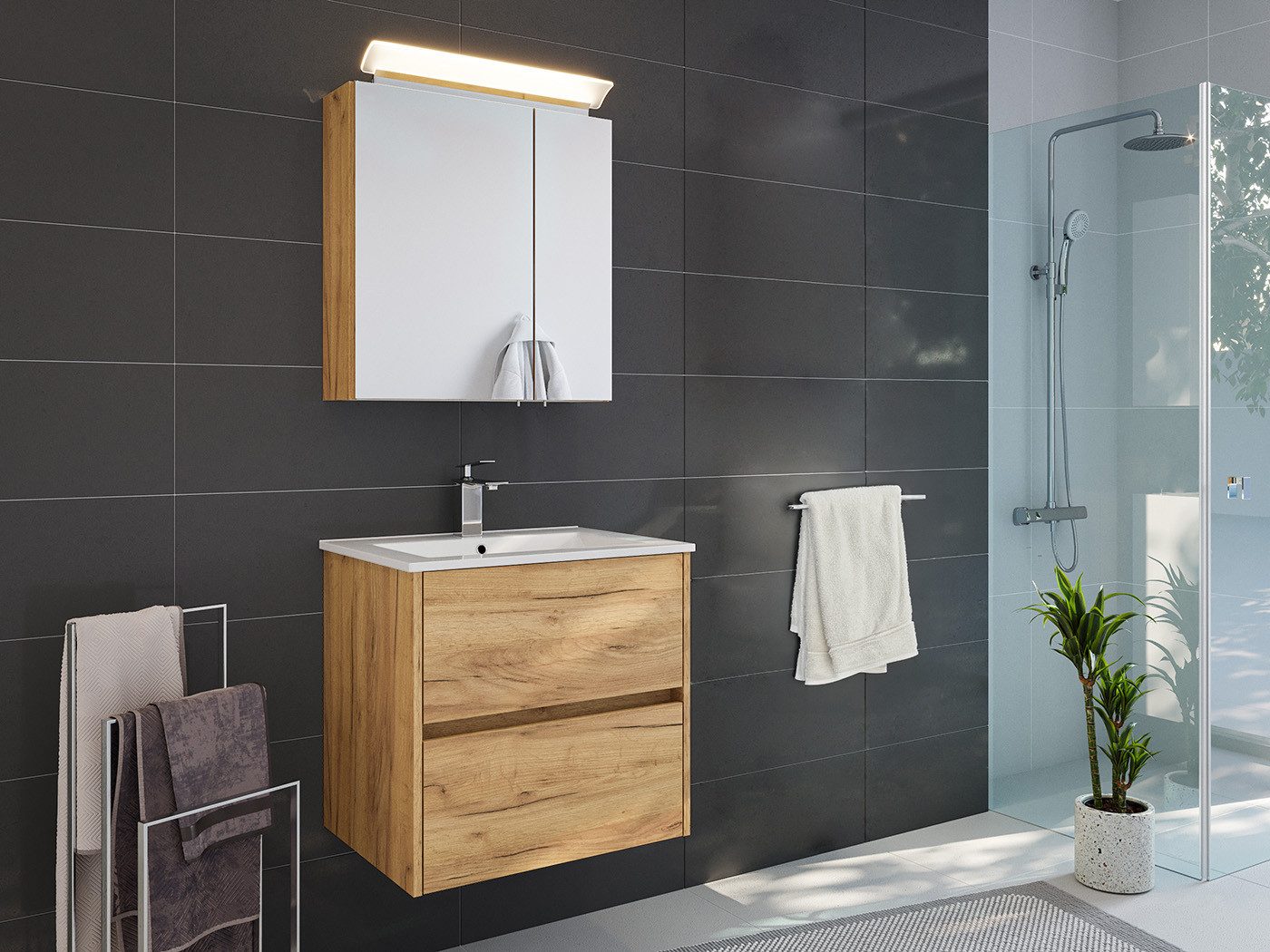 Magnolia Home Badmöbel-Set Badmöbelset Taifun 60cm 2tlg mit Spiegelschrank eiche gold