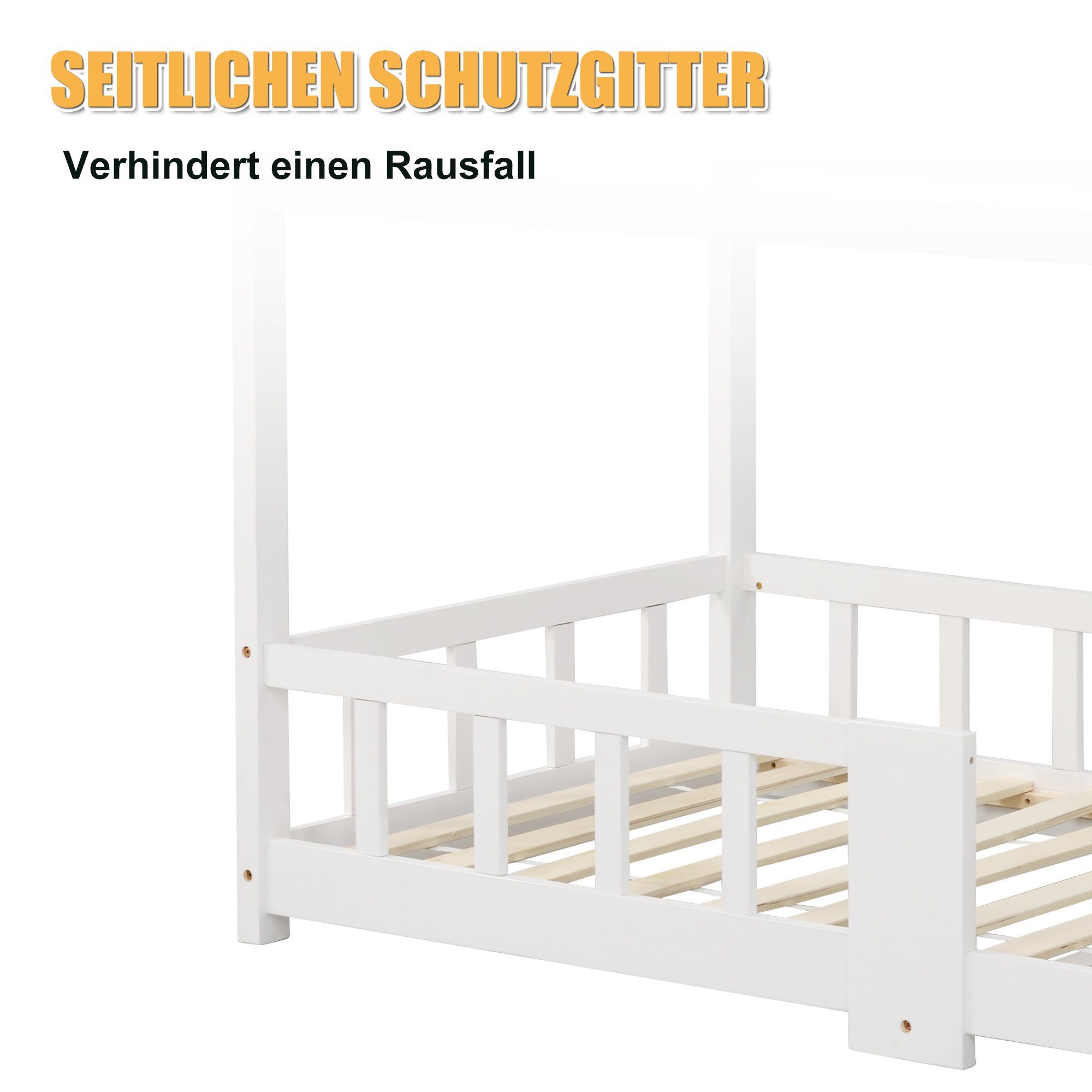 Kinderbett (Hausbett 90x200cm), Kinderbett mit Tafel, Rausfallschutz und Lattenrost, Kiefer