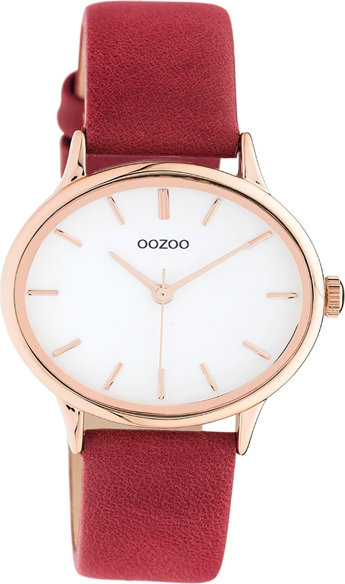 OOZOO Quarzuhr Oozoo Damen Armbanduhr rot Analog, Damenuhr rund, extra groß (ca. 38x31mm) Lederarmband, Fashion-Style