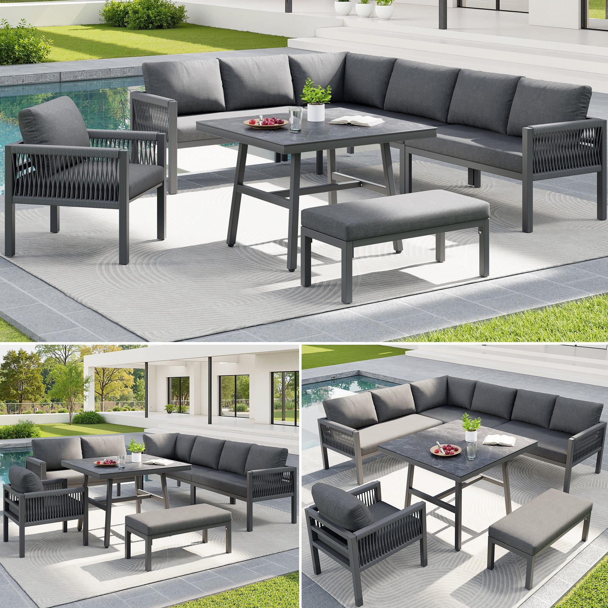 MC Star Gartenlounge-Set Handgeflochtenes L-Form Garten-Sofa für bis zu 8 Personen, (mit grauen Polstern / Inkl. 1 Tisch mit Marmor-Glasplatte und 2 Sesseln / Wetterfeste Terrassen-Garnitur)