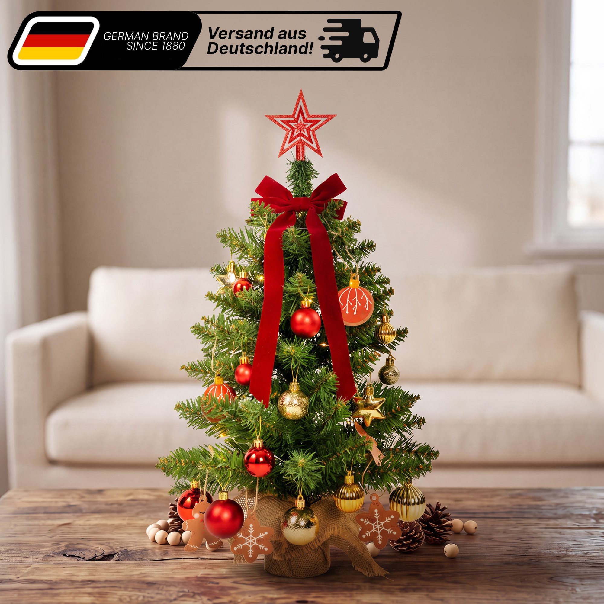 Lindenstein Echter Weihnachtsbaum Künstlicher Mini-Weihnachtsbaum mit LED-Beleuchtung und Deko, 60 cm, Nordmanntanne, Wiederverwendbar, vielseitig, pflegeleicht, umweltfreundlich