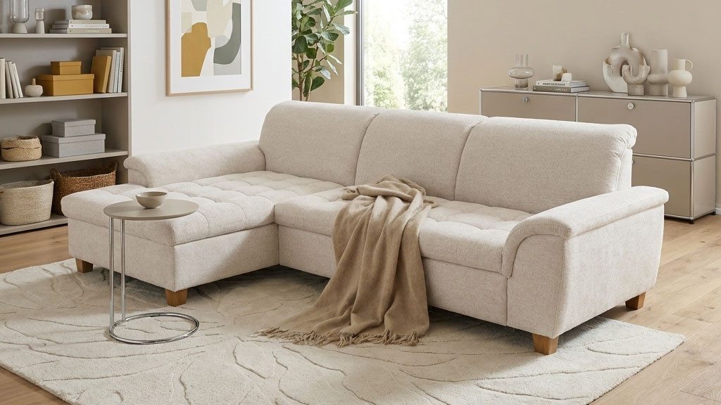 OTTO home Ecksofa Eggery 279 x 162 cm, auch mit Schlaffunktion & Bettkasten, Holzfüße, L-Form, aus pflegeleichtem Luxus-Microfaser