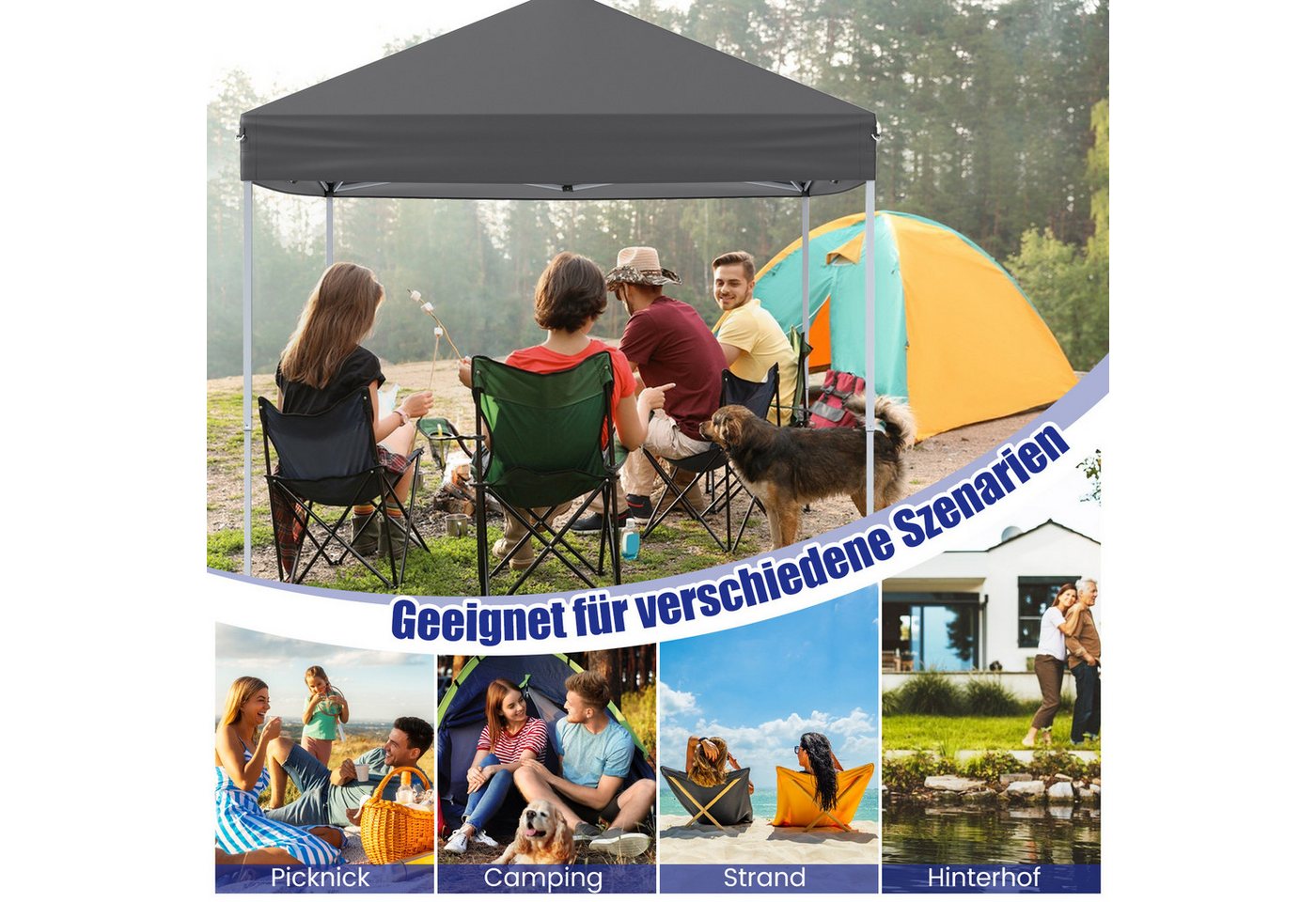 Thumbnail - KOMFOTTEU Faltpavillon, höhenverstellbarer Gartenpavillon, inkl. 8 Erdnägel & 4 Abspannseile