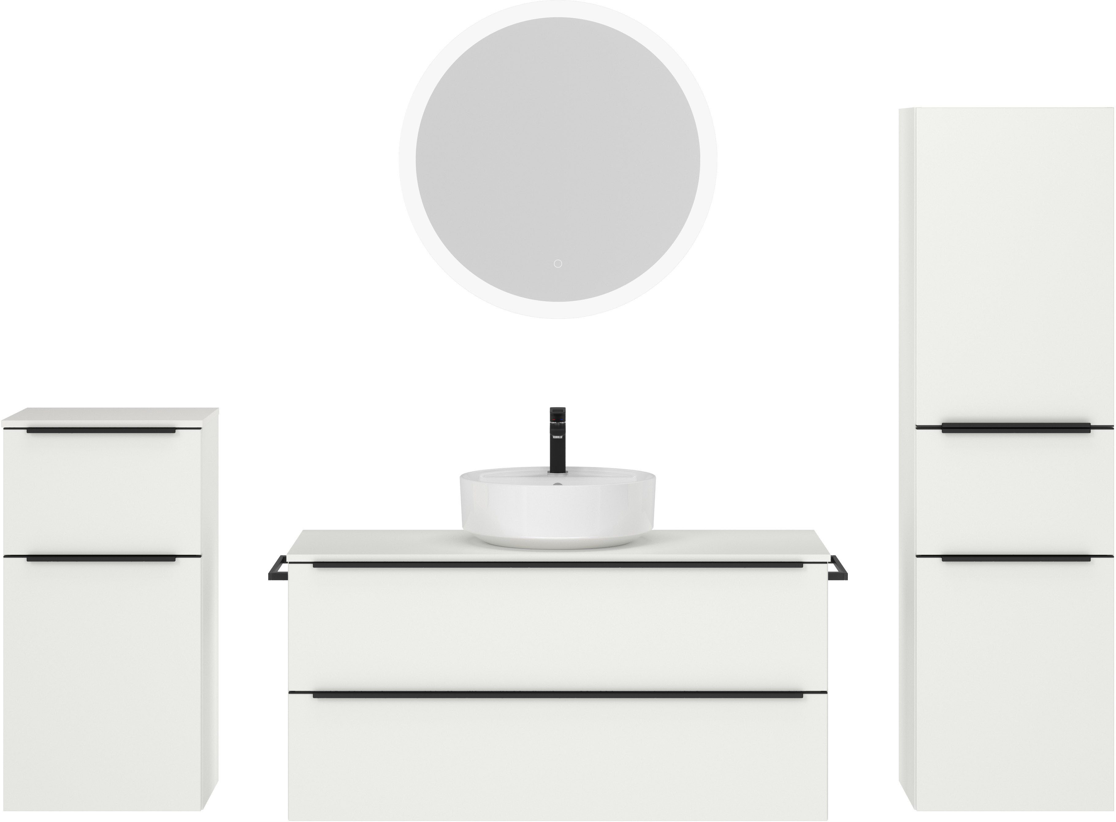 nobilia® Badmöbel-Set Alvene, (4-St., vormontiert, mit Soft-Close), inkl. Spiegel mit Touch-Sensor, in vier Breiten