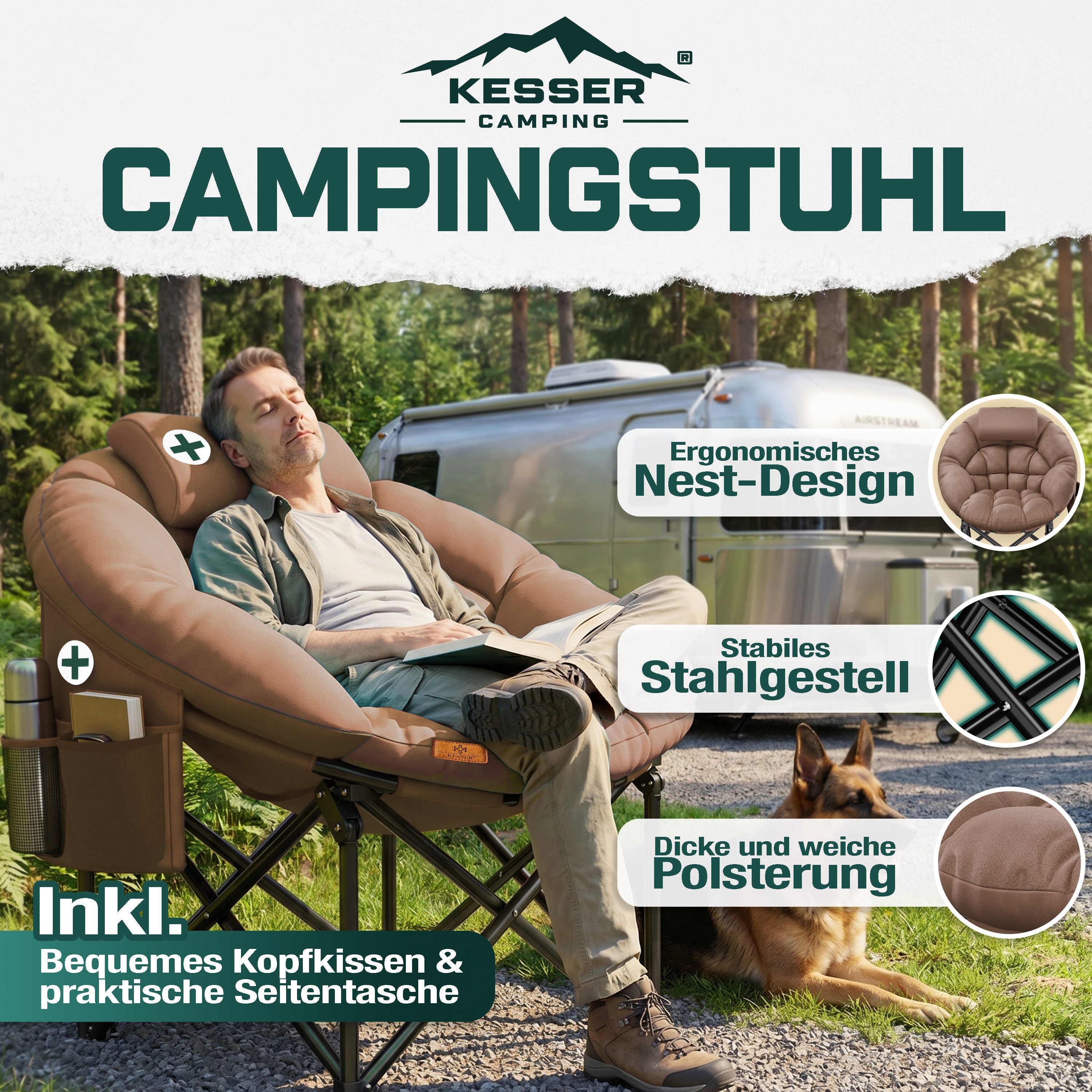 KESSER Campingstuhl XXL faltbar, bis 150 kg, inkl. Kissen, Seitentasche & Cover, Outdoor + Indoor für Camping, Angeln, Festival & Strand – Bild 2 von 5