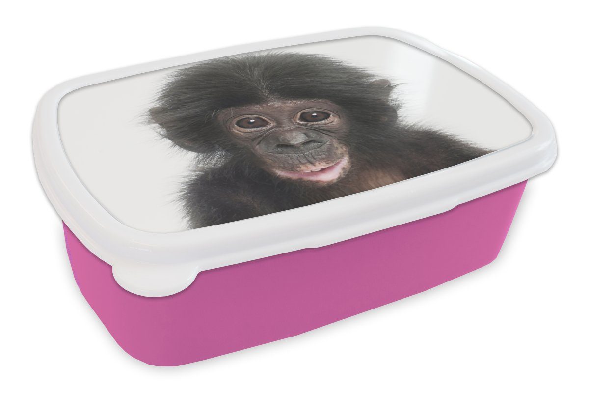 MuchoWow Lunchbox Affe - Tiere - Natur - Schimpanse, Kunststoff, (2-tlg), Brotbox für Erwachsene, Brotdose Kinder, Snackbox, Mädchen, Kunststoff rosa