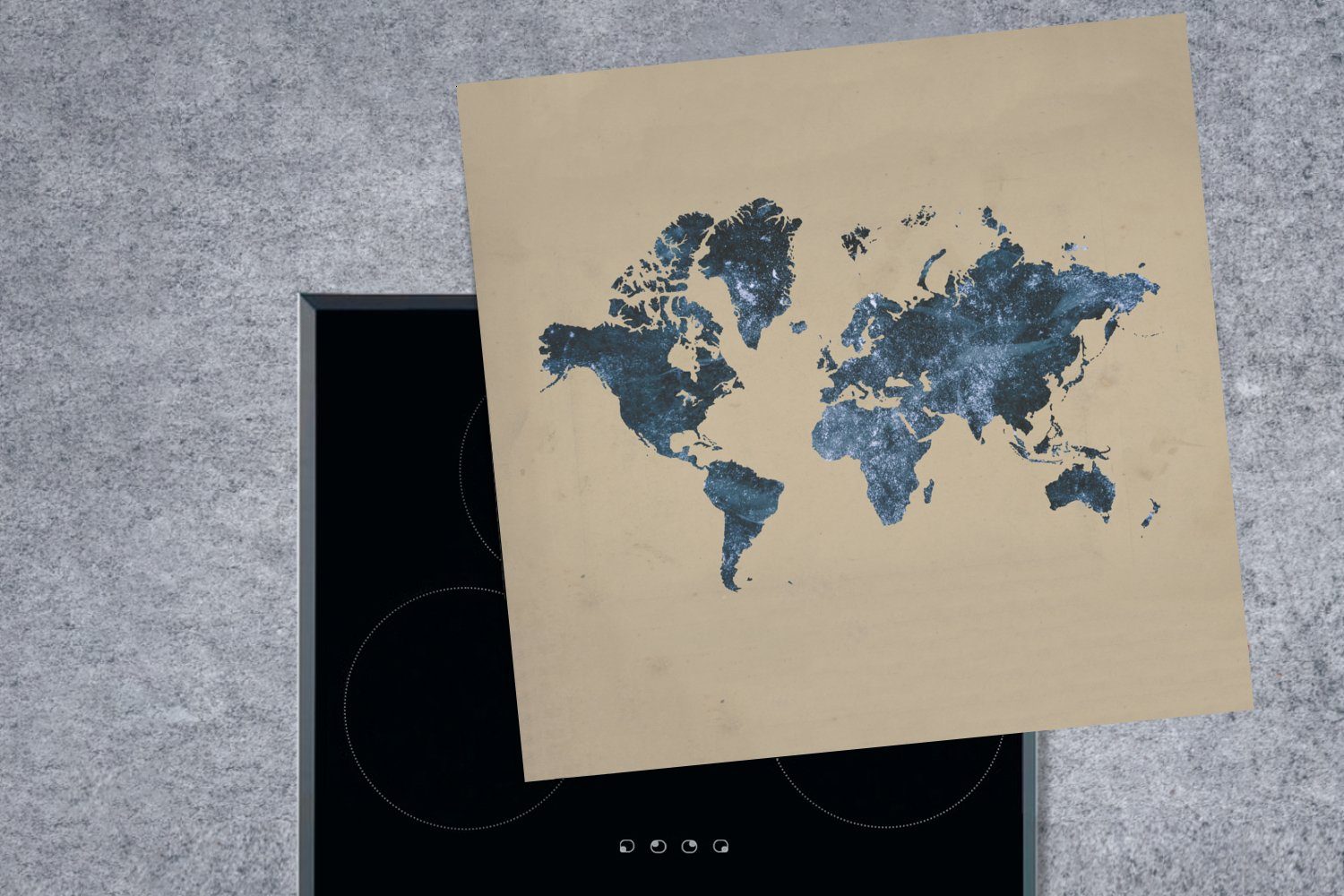 Arbeitsplatte küche tlg), Blau Glitter, Ceranfeldabdeckung, für MuchoWow - 78x78 (1 cm, Vinyl, Herdblende-/Abdeckplatte - Weltkarte
