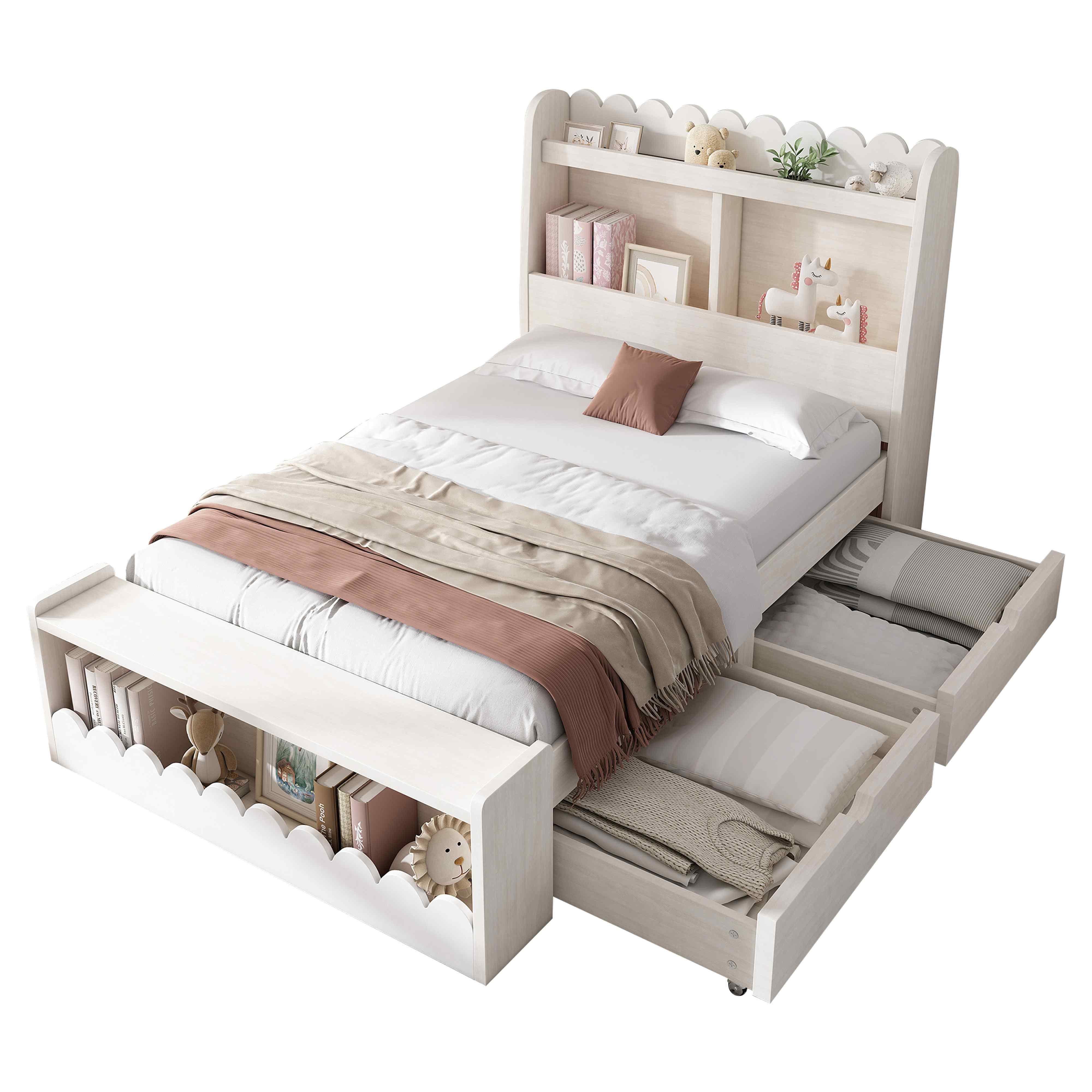 BlingBin Einzelbett Kinderbett (1-tlg., Stauraumbett mit Schubladen, Regal und Sitzbank), Bettgestell und Lattenrost aus Holz, 90x200 cm