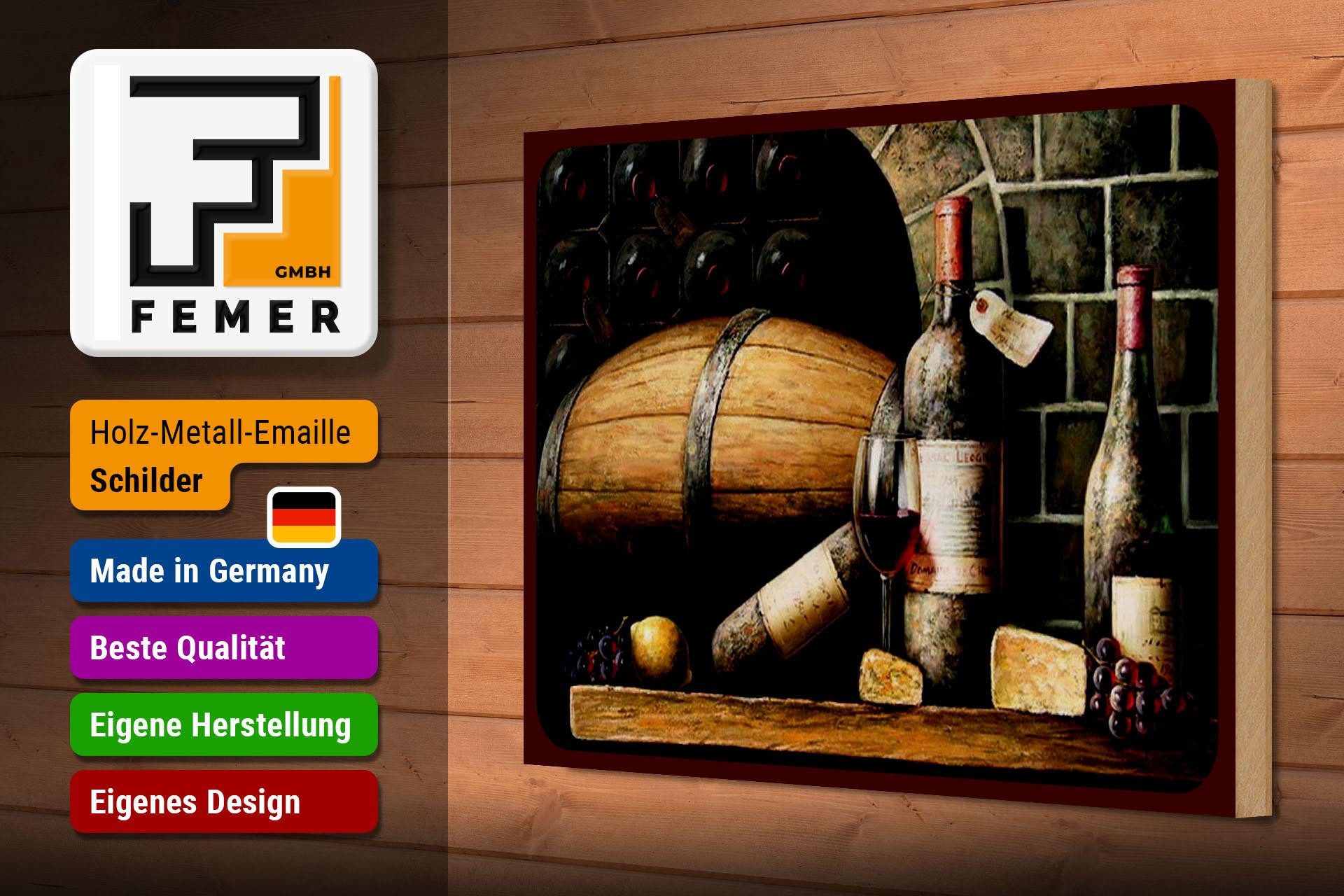 Femer GmbH Holzbild Retro 20x30 cm Rotwein Weinfass Weintrauben, (1 St), Glatte Holzfaserplatte (MDF), vorn beschichtet