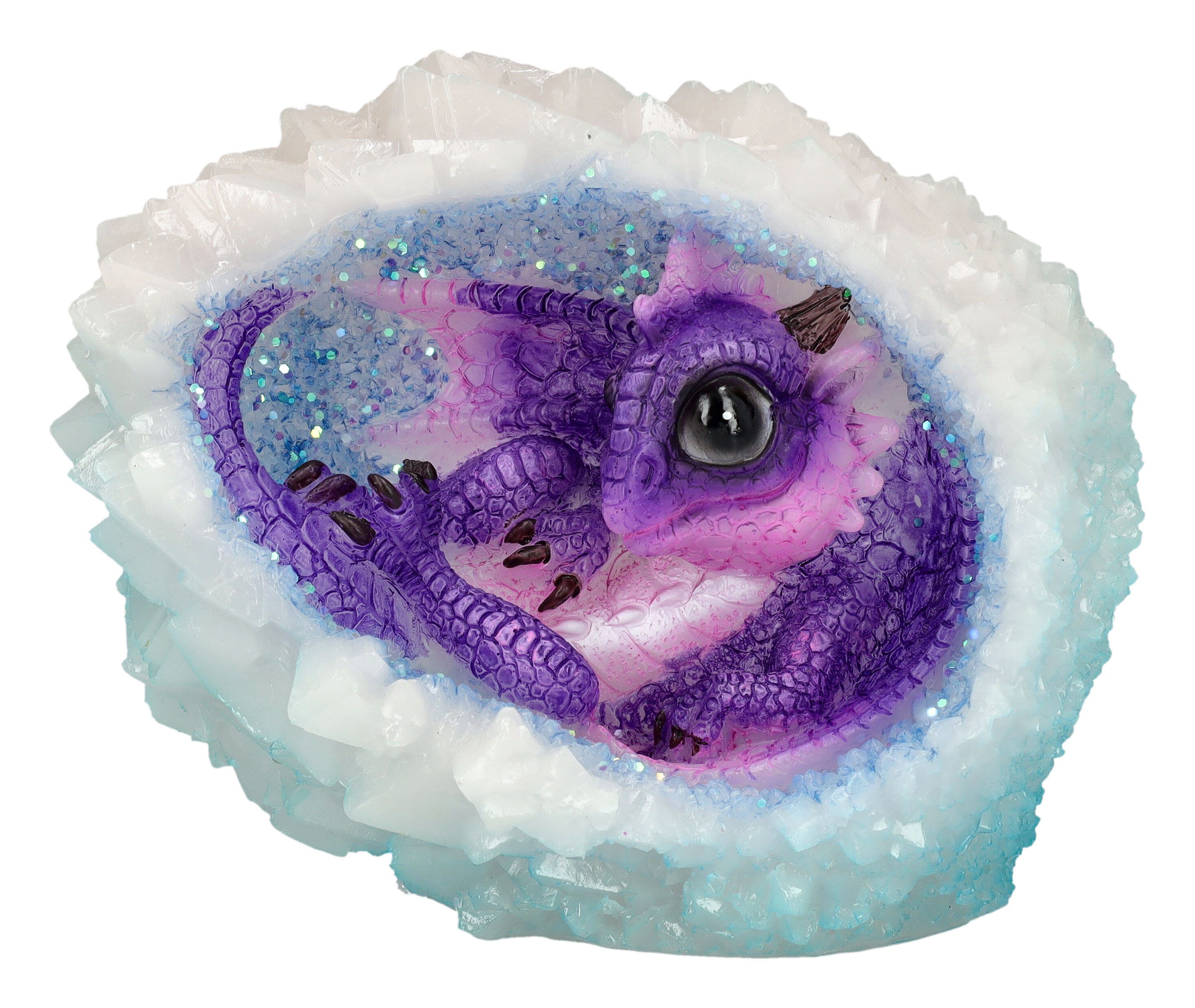 Figuren Shop GmbH Fantasy-Figur Drachenfigur lila mit Kristall - Geode Nest - Drache Dekoration Figur