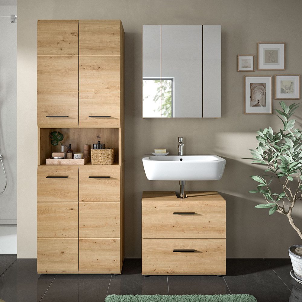 Lomadox Badmöbel-Set IGGESUND-158, (Spar-Set, 3-St., Hochschrank Spiegelschrank Waschbeckenunterschrank), in Eiche