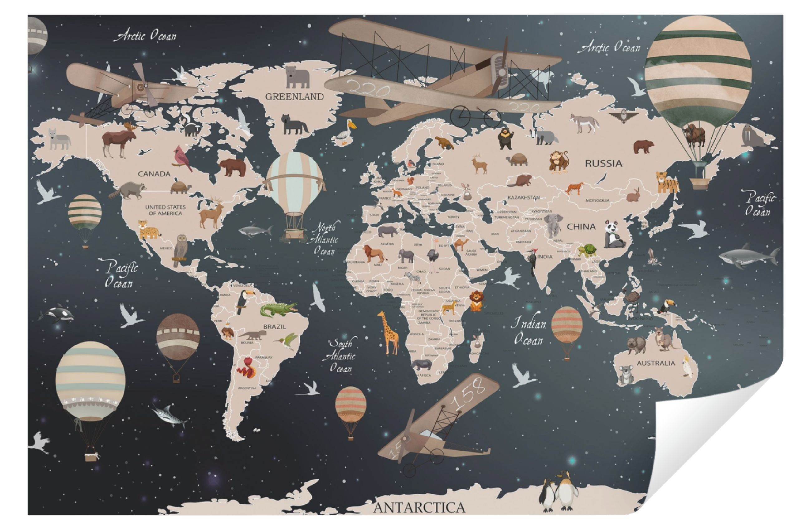 Wallarena Fototapete Kinderzimmer Weltkarte Flugzeug Ballon Kinder Junge Ju günstig online kaufen