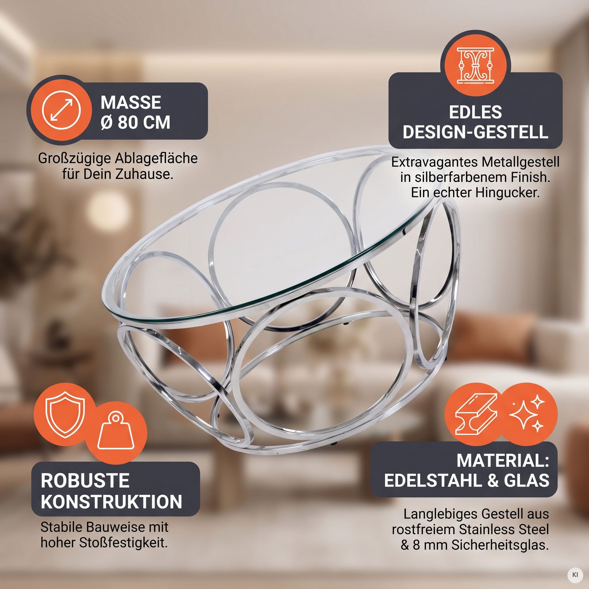 SalesFever Couchtisch Couchtisch im eleganten Stil, mit Design-Gestell aus Stainless Steel