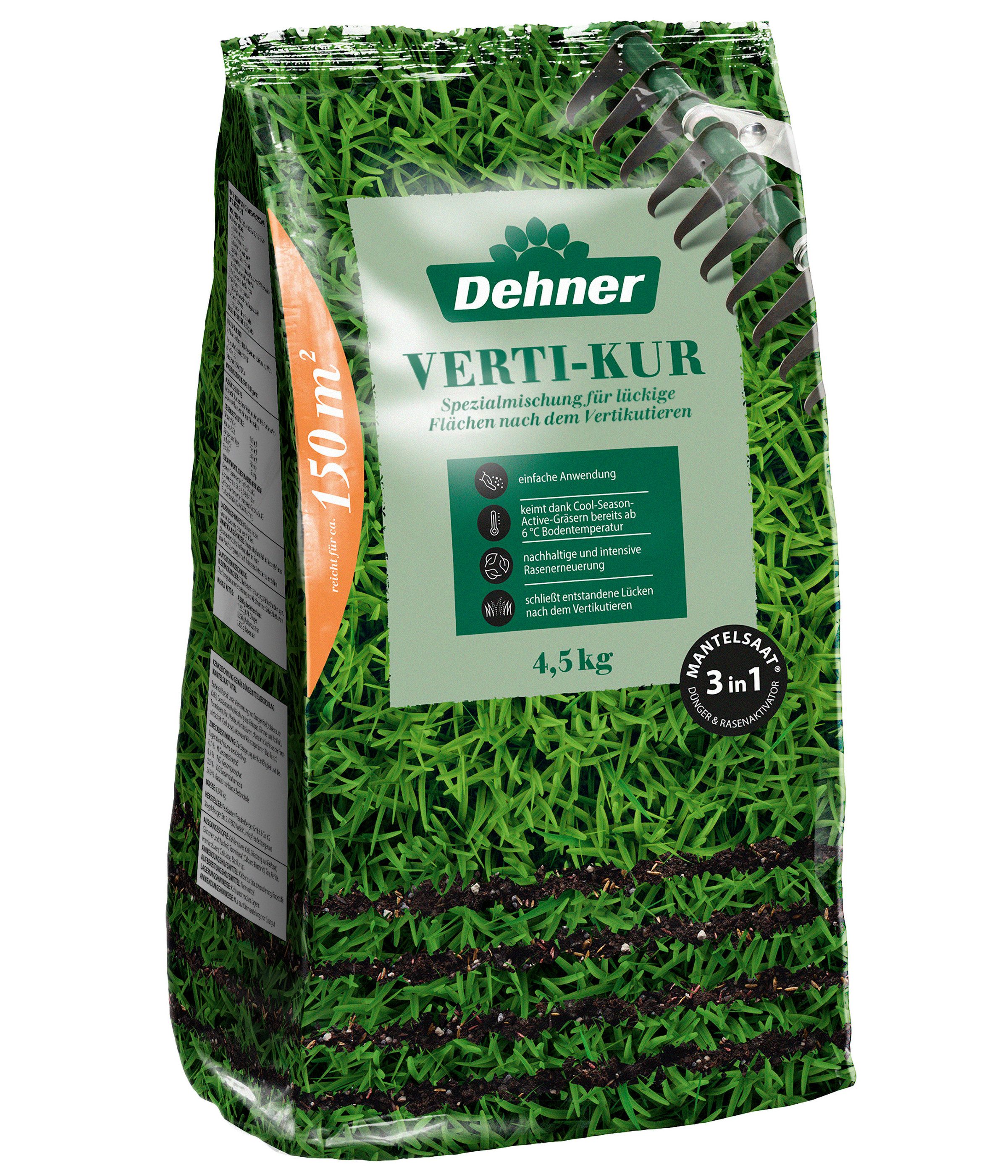 Dehner Rasensamen Rasen Verti-Kur Saatgut, mit Dünger & Substrat, 4,5 kg, zur Regeneration, mit Mantelsaat, pflegeleicht