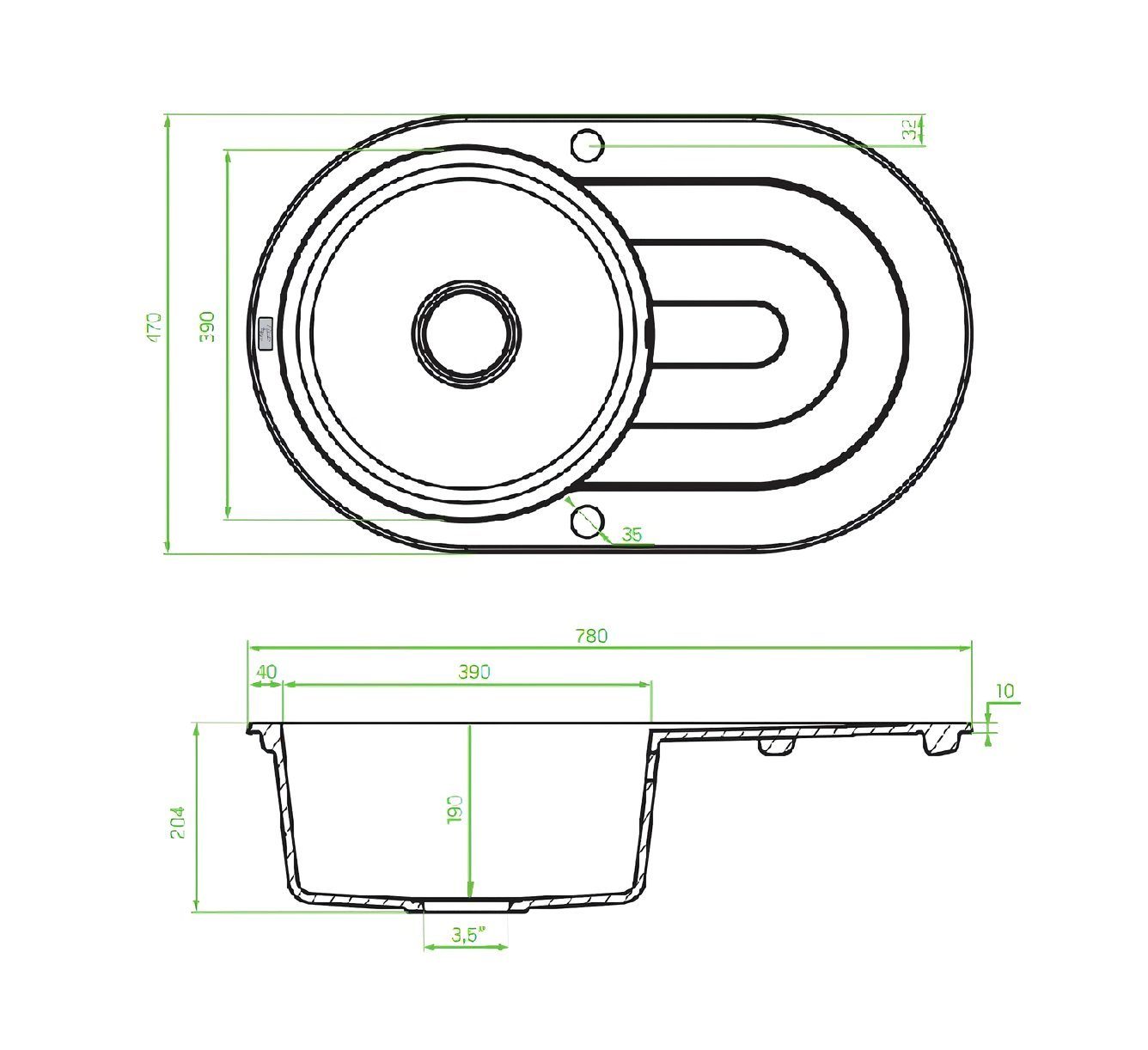 KOLMAN Küchenspüle Einzelbecken Dafne Grau, Space Granitspüle, Siphon Rund, Saving GRATIS 47/78 cm