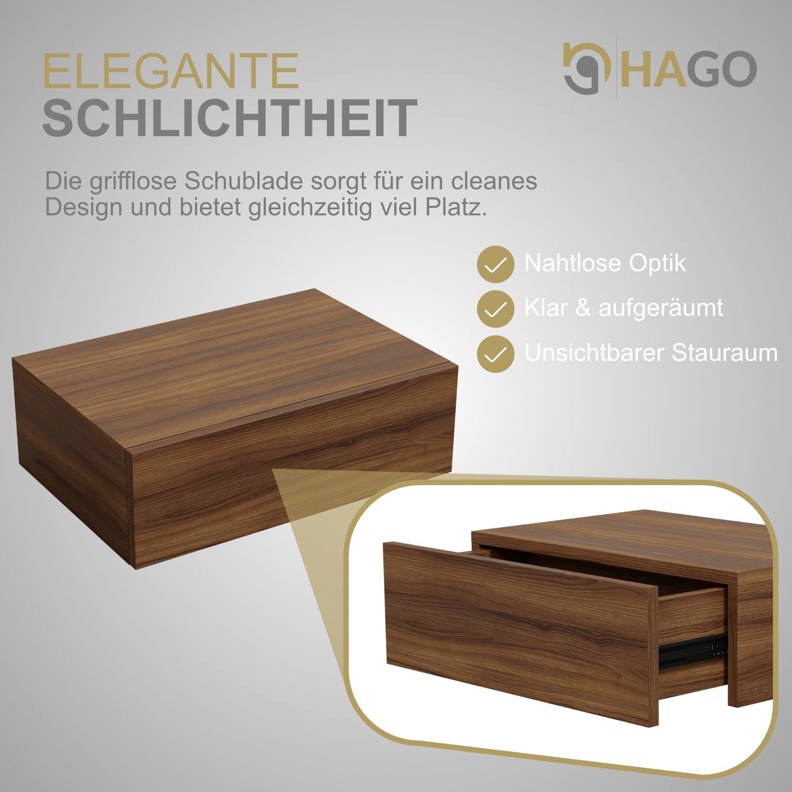 HAGO Nachttisch 46x30x15cm Schublade schwebend Wandregal Hängeschrank Kommode Nachtsch, Minimalistisches Design