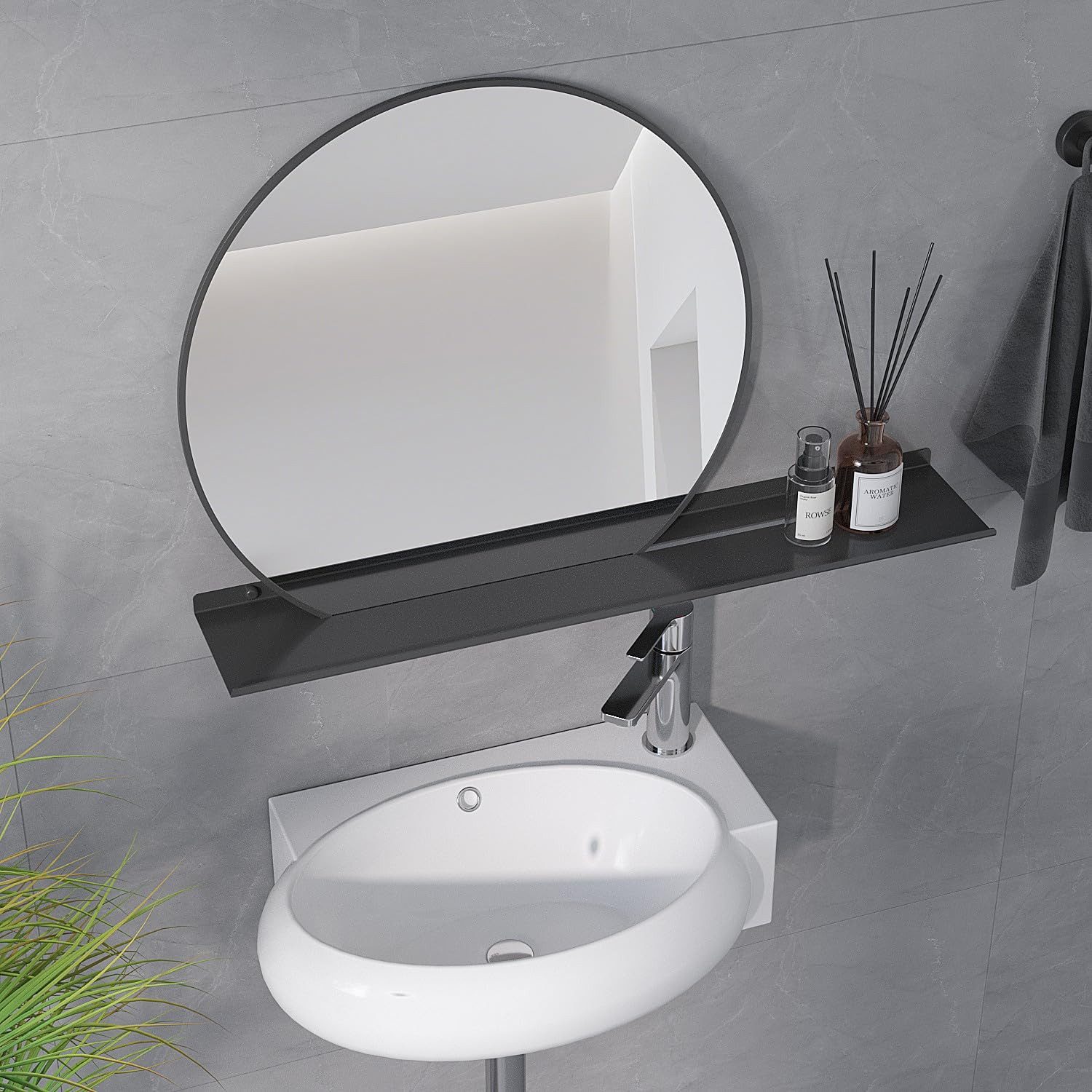 AQUALAVOS Badspiegel Runder Badspiegel 50 cm Deko Wandspiegel mit Ablage Schwarz Rahmen, Praktisch und stilvoll – für Flur, Bad, Waschtisch oder Schlafzimmer – Bild 4 von 5