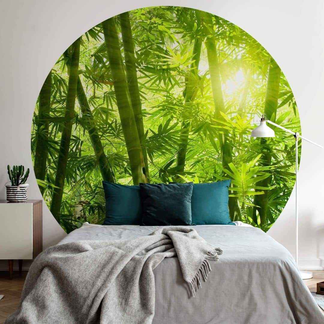 K&L Wall Art Fototapete »Fototapete grün Bambus Wald Sonnenschein  Vliestapete Rund Tapete«, Bambuswald Tapete