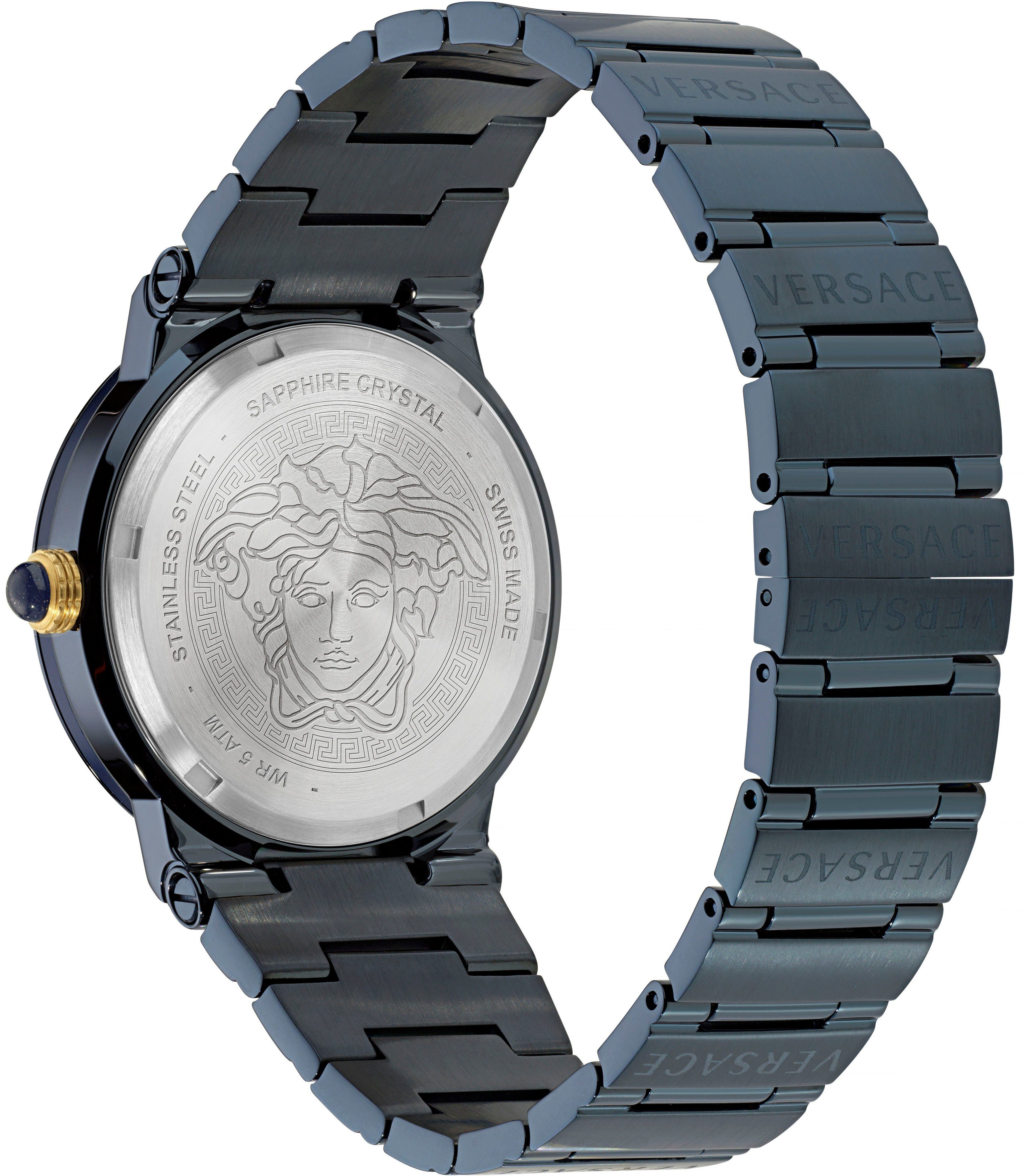 Versace LOGO blau Quarzuhr aus Armband IP-beschichtetem VE7G00423, Edelstahl MOONPHASE, GRECA