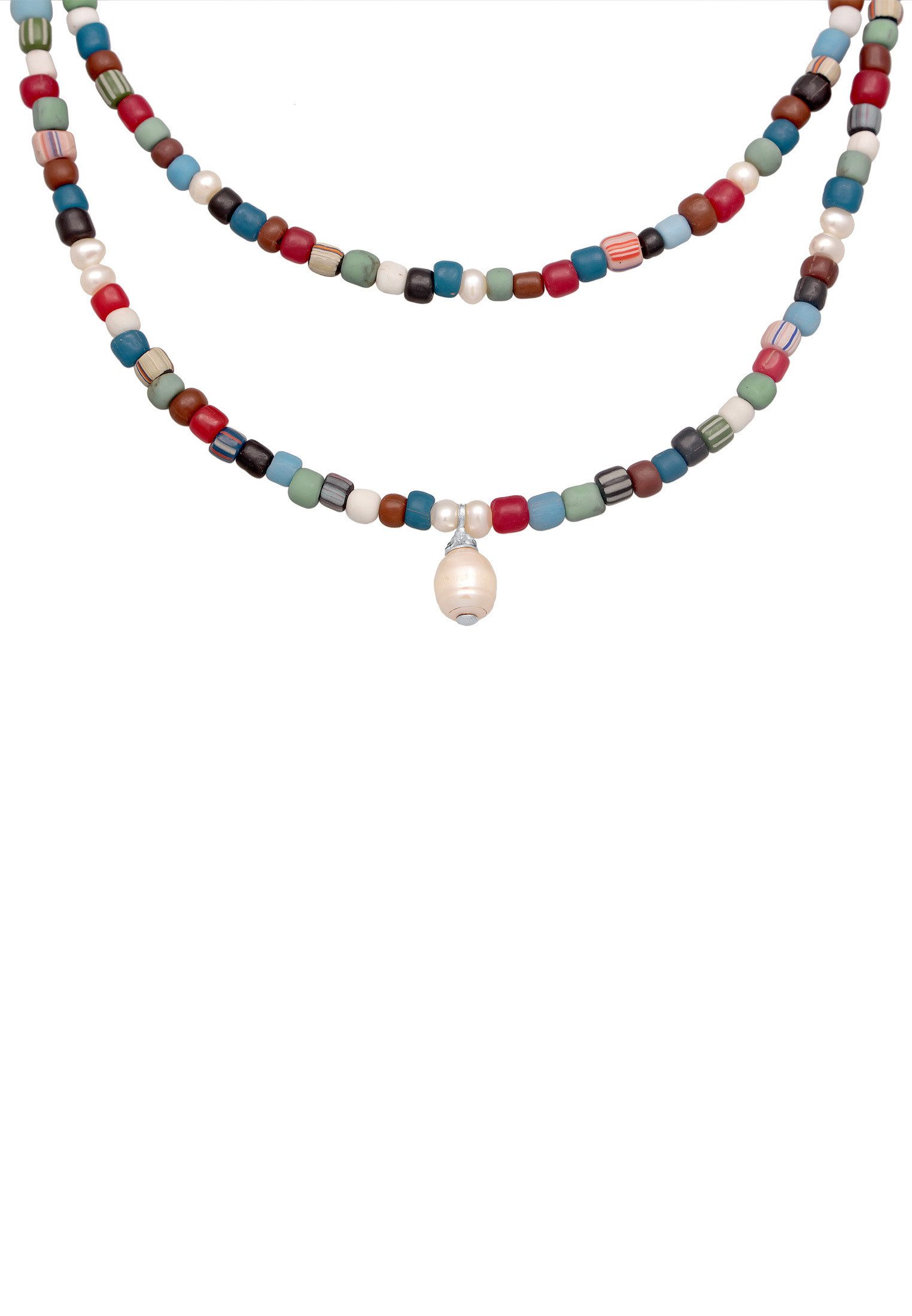 Kuzzoi Ketten-Set Glas Beads Layer Bunt Süßwasserperlen 925 Silber