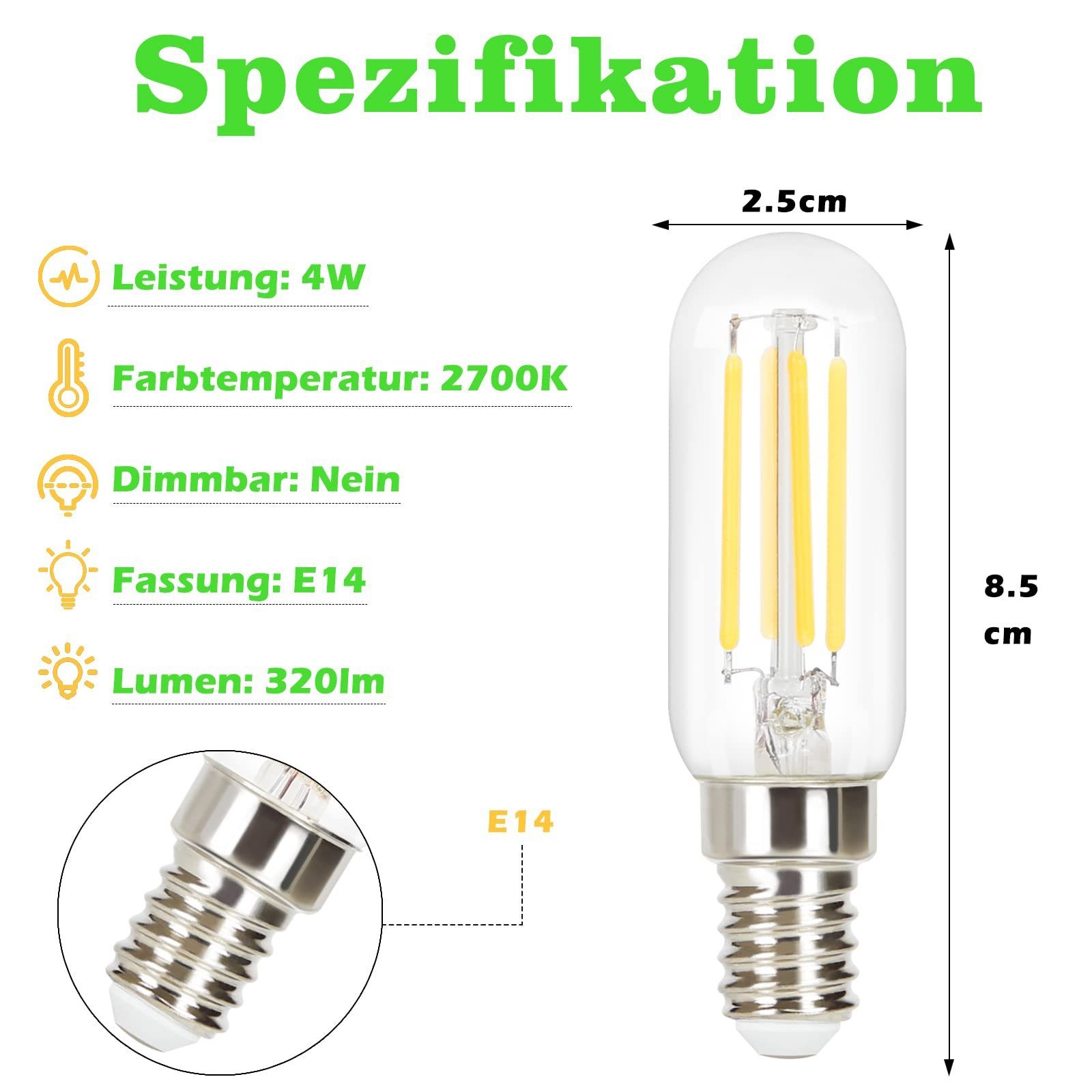 ZMH LED-Leuchtmittel Edison LED Vintage Glühbirne - T25 2700K, E14, 4 St., warmweiß, Filament Retro Glas Birne Energiesparlampe