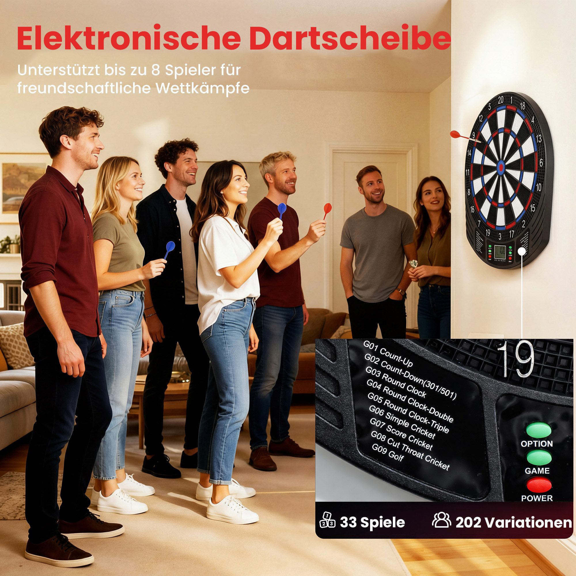 SPORTNOW Dartscheibe Elektronische mit LCD-Anzeigen 18 Spiele 159 Varianten Dartautomat, (Dartboard, 1-tlg., mit Dartpfeilen), für 1 bis 8 Spieler, Mehrfarbig – Bild 4 von 5