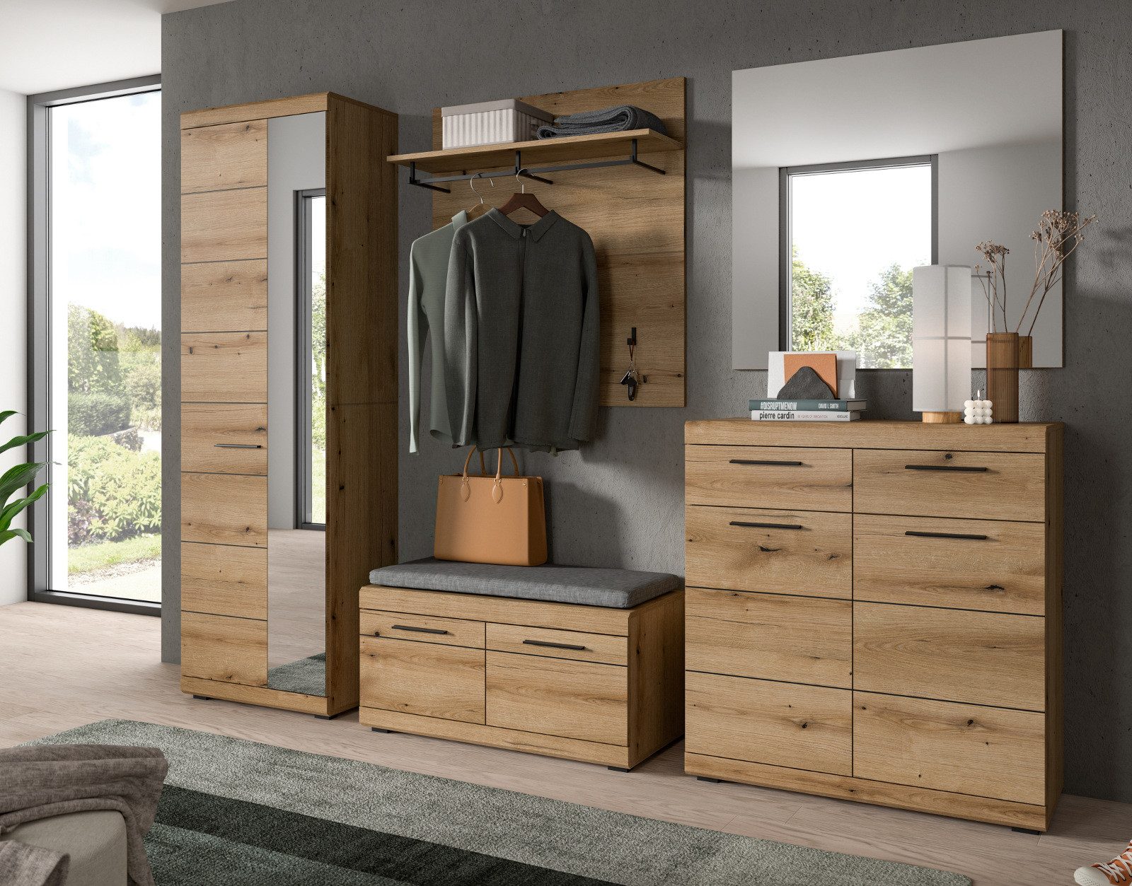 Inn.Furn Garderoben-Set Shawn, (Komplett-Set 5-teilig in Evoke Eiche, Flurgarderobe ca. 270 x 197 cm), variable Inneneinteilung, bis zu 13 Fächer – Bild 4 von 5