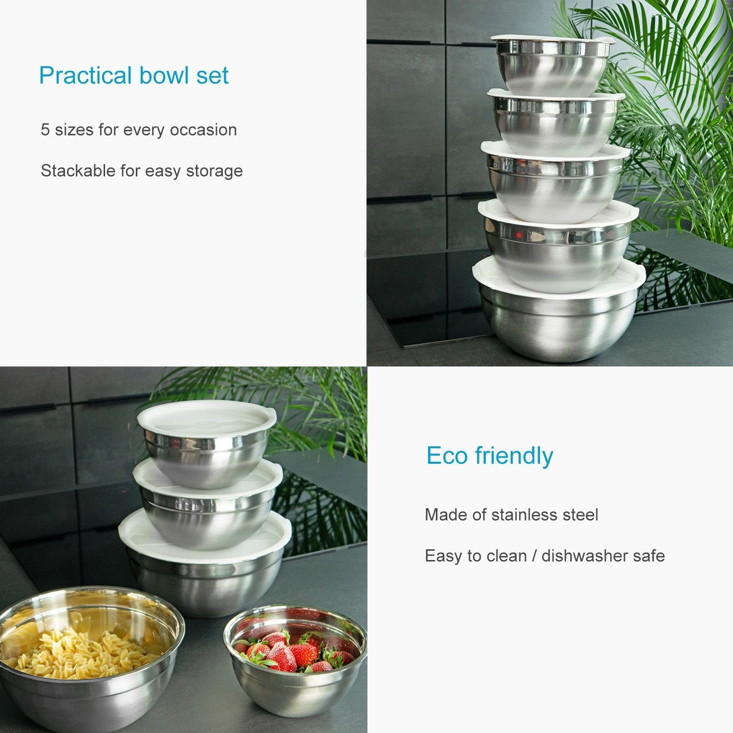 Intirilife Schüssel, Edelstahl, (5-tlg), 5-teiliges Schüssel Set Rührschüsseln Salatschüssel Servierschüssel