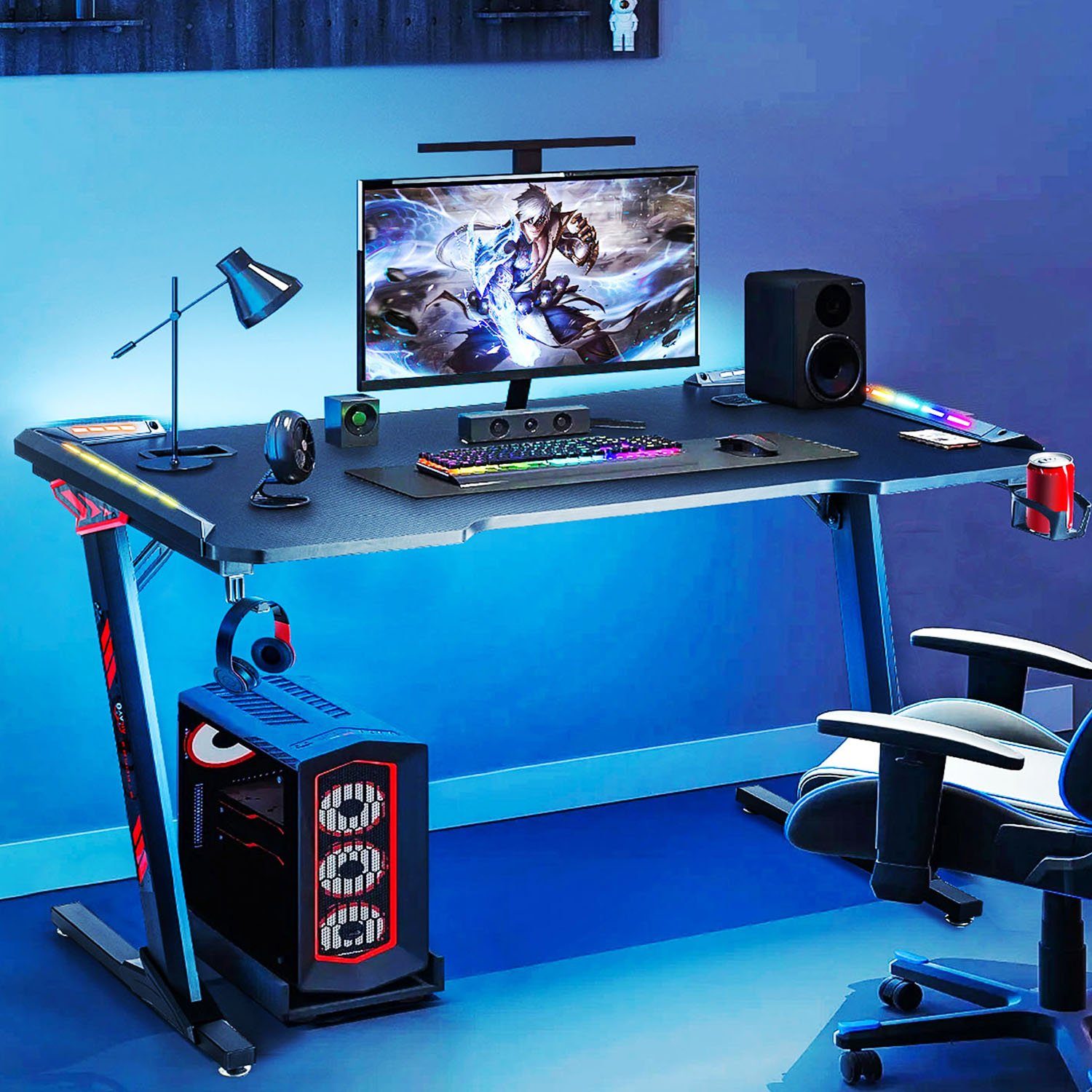 oyajia Gamingtisch LED Kopfhörerhalter mit Gamer Schreibtisch, USB-Anschluss, 60cm und Gamingtisch Stabiler 140 Tisch, x Gaming Computertisch Getränkehalter