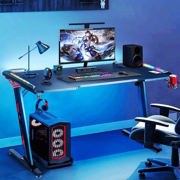 oyajia Gamingtisch LED Gaming Schreibtisch, Stabiler Computertisch 120/140cm Gamer Tisch, Gamingtisch mit USB-Anschluss, Getränkehalter und Kopfhörerhalter