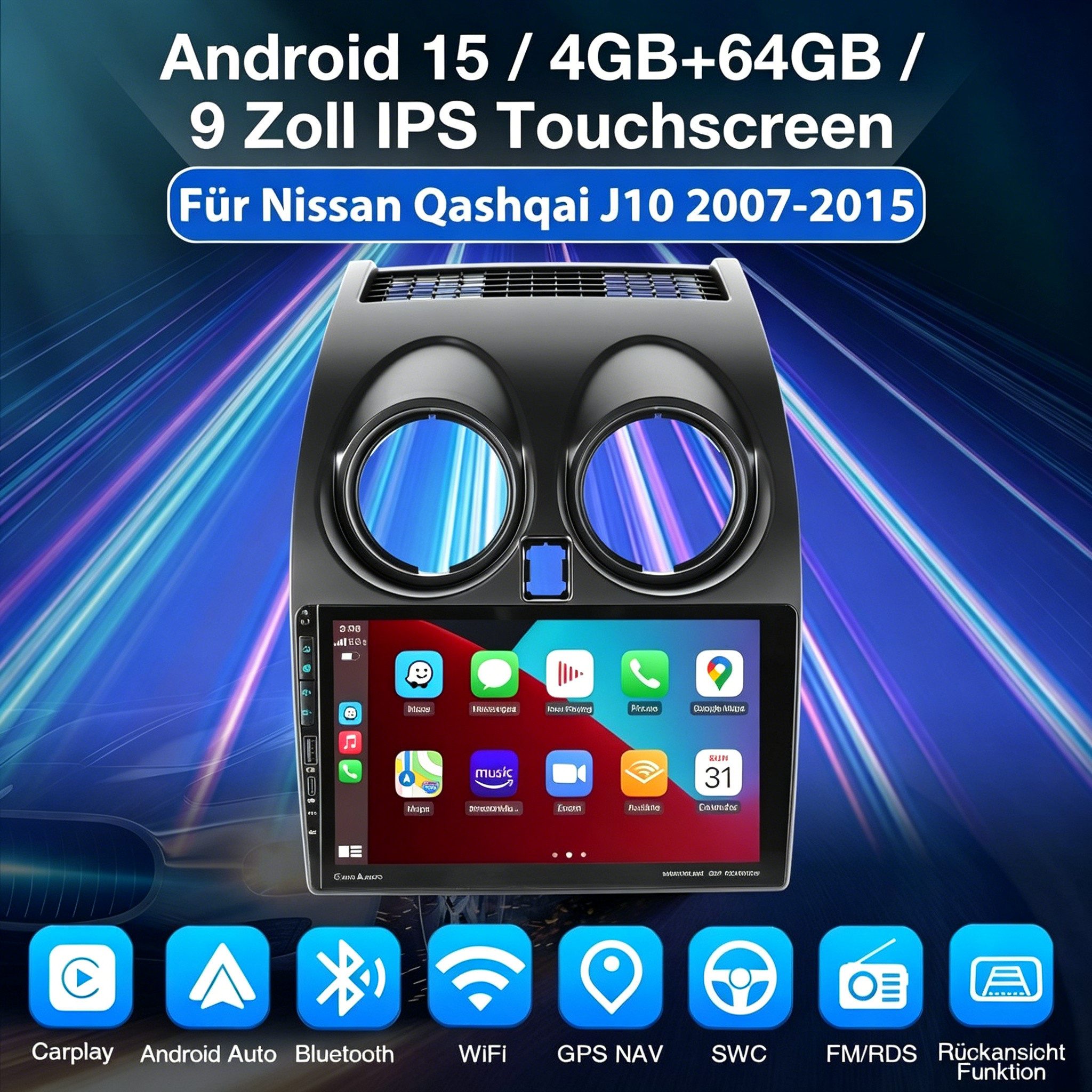 ESSGOO DAB+ Android15 Carplay GPS NAVI mit USB Für Nissan Qashqai J10 2007-15 Autoradio (RDS, 4+64GB(optional), DAB (optional), FM, DAB+ (optional), Carplay Android Auto Bluetooth EQ USB GPS Navi WIFI Touchscreen)