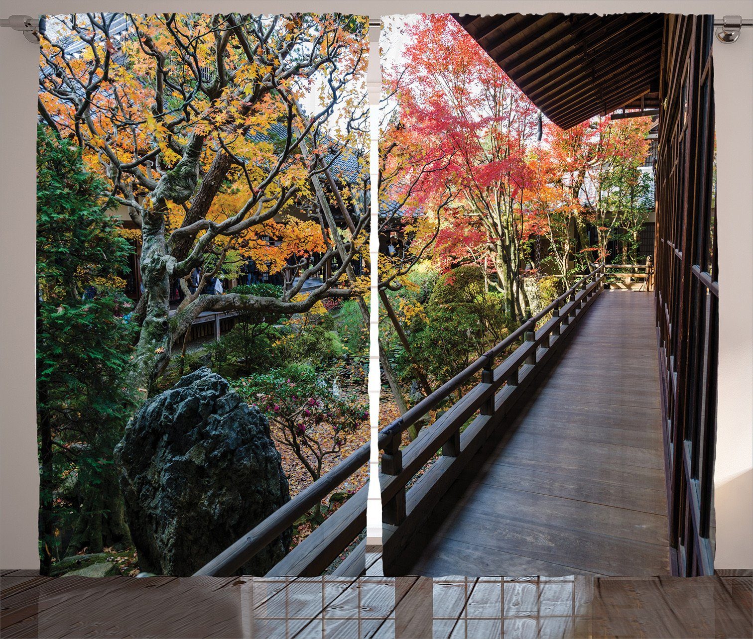 Gardine Schlafzimmer Kräuselband Vorhang mit Schlaufen und Haken, Abakuhaus, japanisch Holz Balkon Aussicht