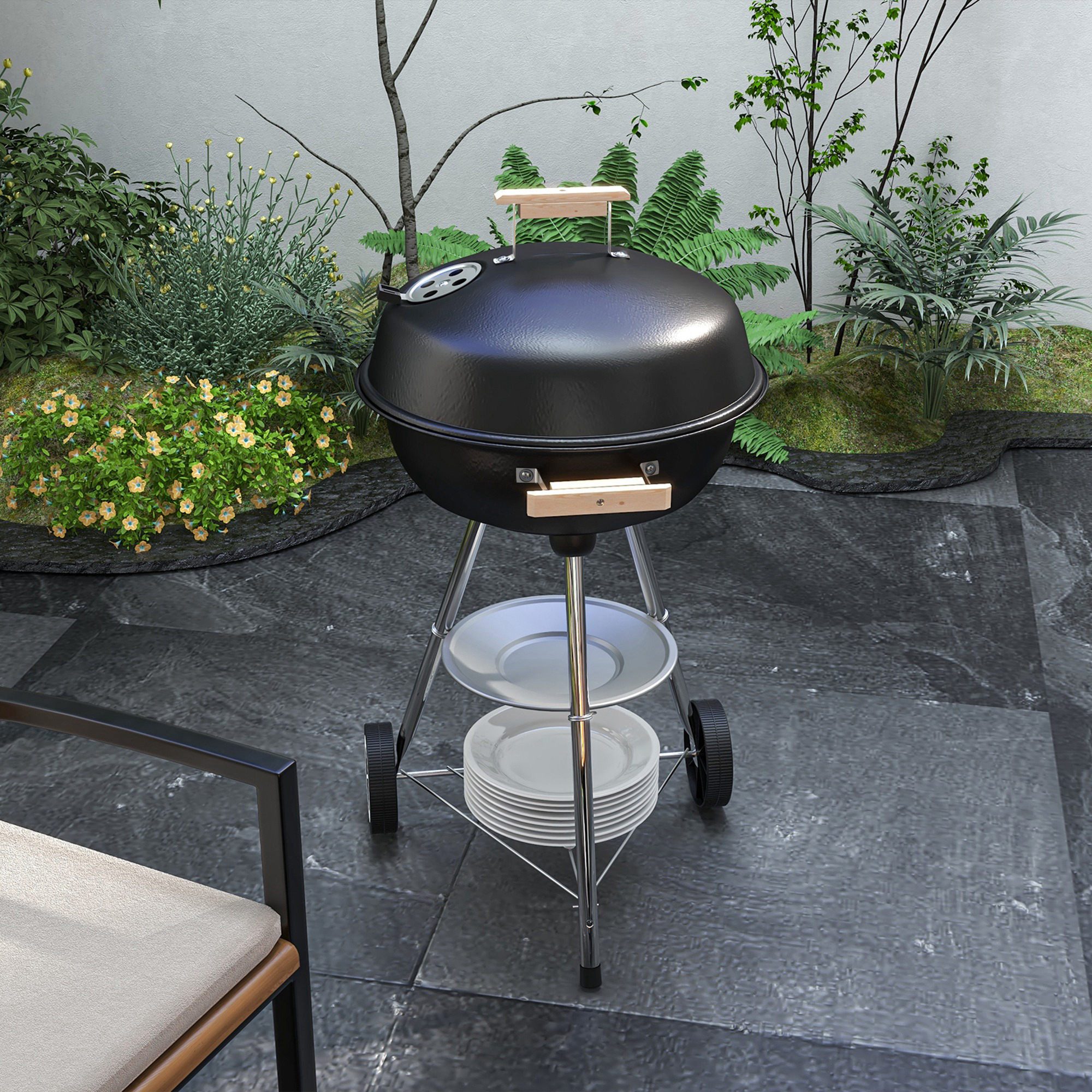 MC Star Holzkohlegrill Holzkohlegrill mit Stahlgrillrost, Deckel, Lüftungsschlitzen und Rädern, Schwarz