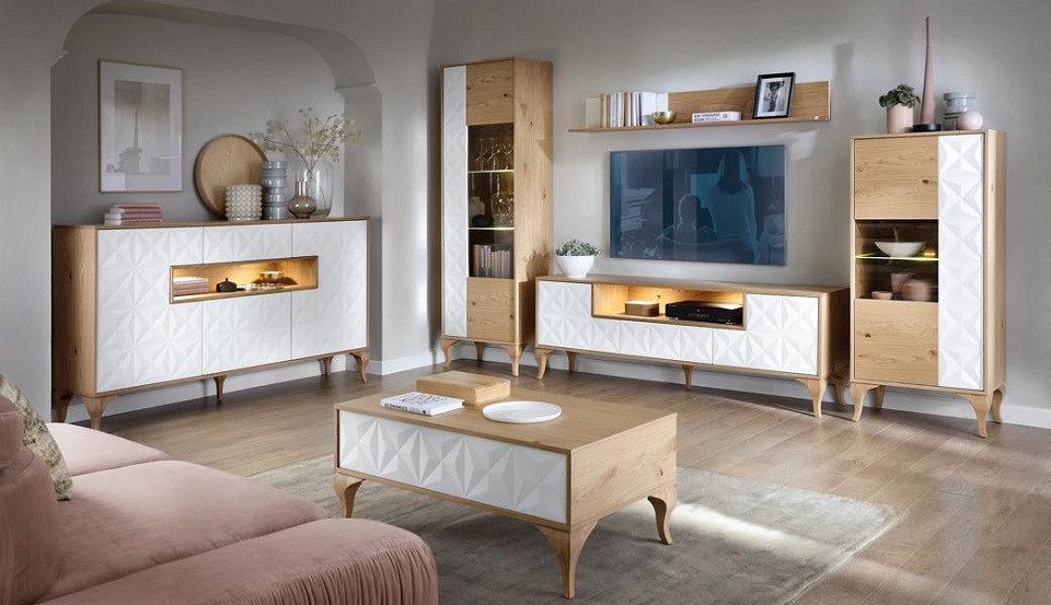 Wohnwand Modernes TV-Lowboard und Vitrine aus Holz für stilvolles Wohnen