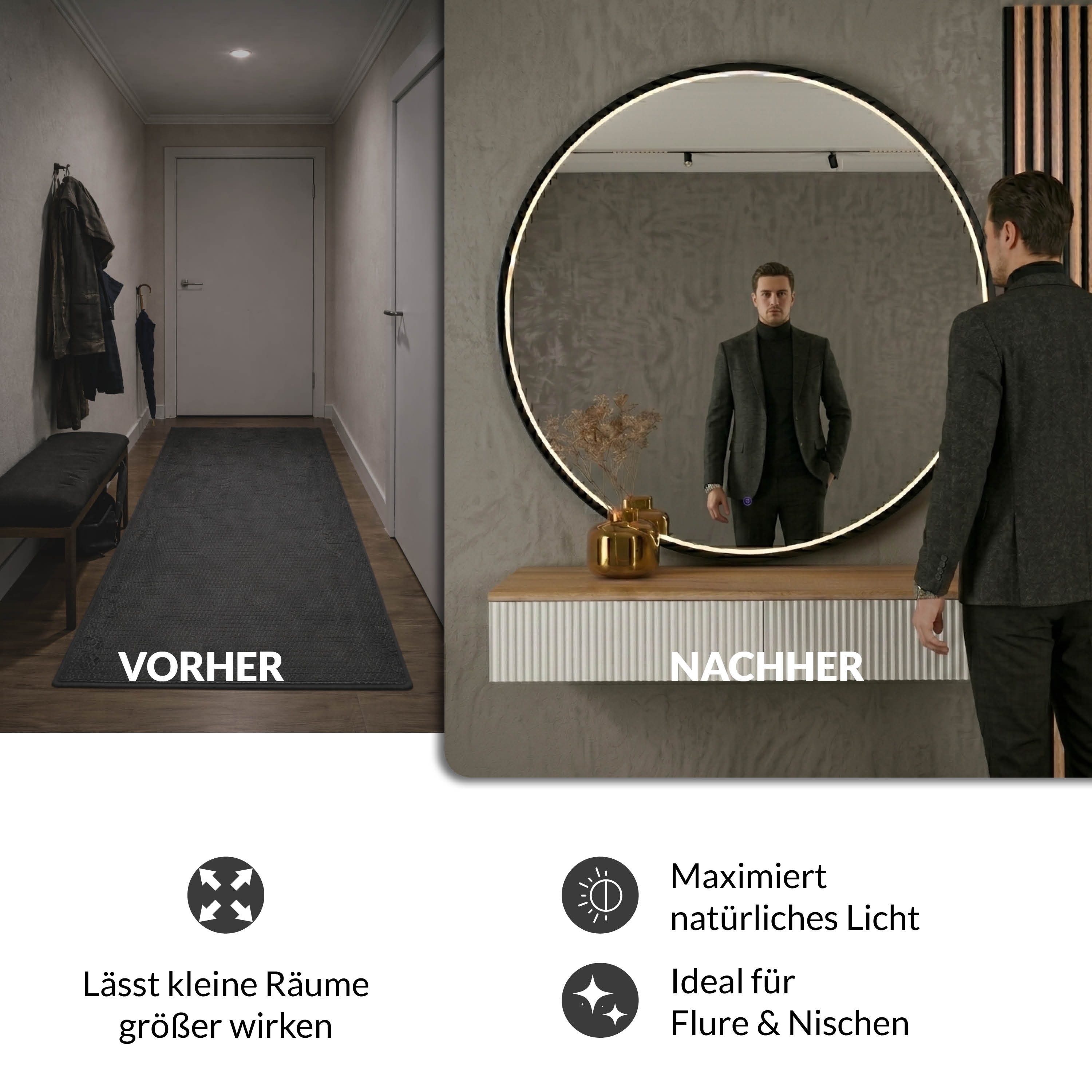 Planetmöbel Konsolentisch AMYRA Flurtisch 100 cm, VELUNA Spiegel mit Beleuchtung 60 - 100 cm (Konsolentisch 100 cm, 2-St., inkl. Spiegel mit Beleuchtung rund 100x100 cm), Wandkonsole & Wandspiegel Flur Set