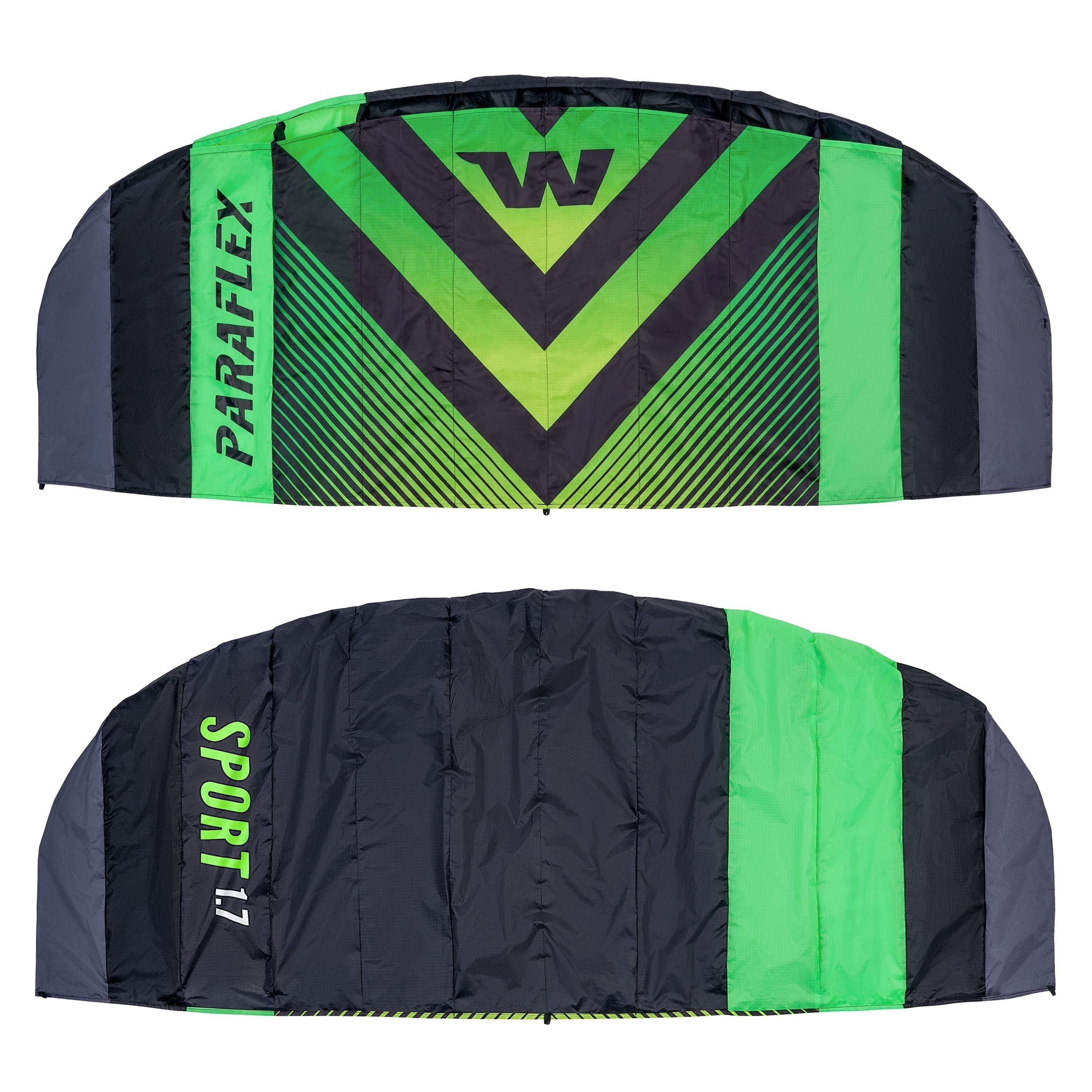 Wolkenstürmer Kite Paraflex Sport 1.7- Ready to Fly 170 cm für Erwachsene ab 6 Jahren, (2-Leiner Sportdrachen Stunt Kite mit Dyneemaleinen 20 m, 1-tlg), Lenkmatte (schwarz-grün) 170cm Spannweite mit Lenkbar