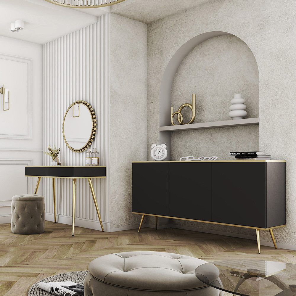 Lomadox Wohnzimmer-Set OLOVO-160, (Mega-Spar-Set, 2-St., Schminktisch), Schwarz, goldene Highlights, Push-to-open, Metallbeine goldfarben