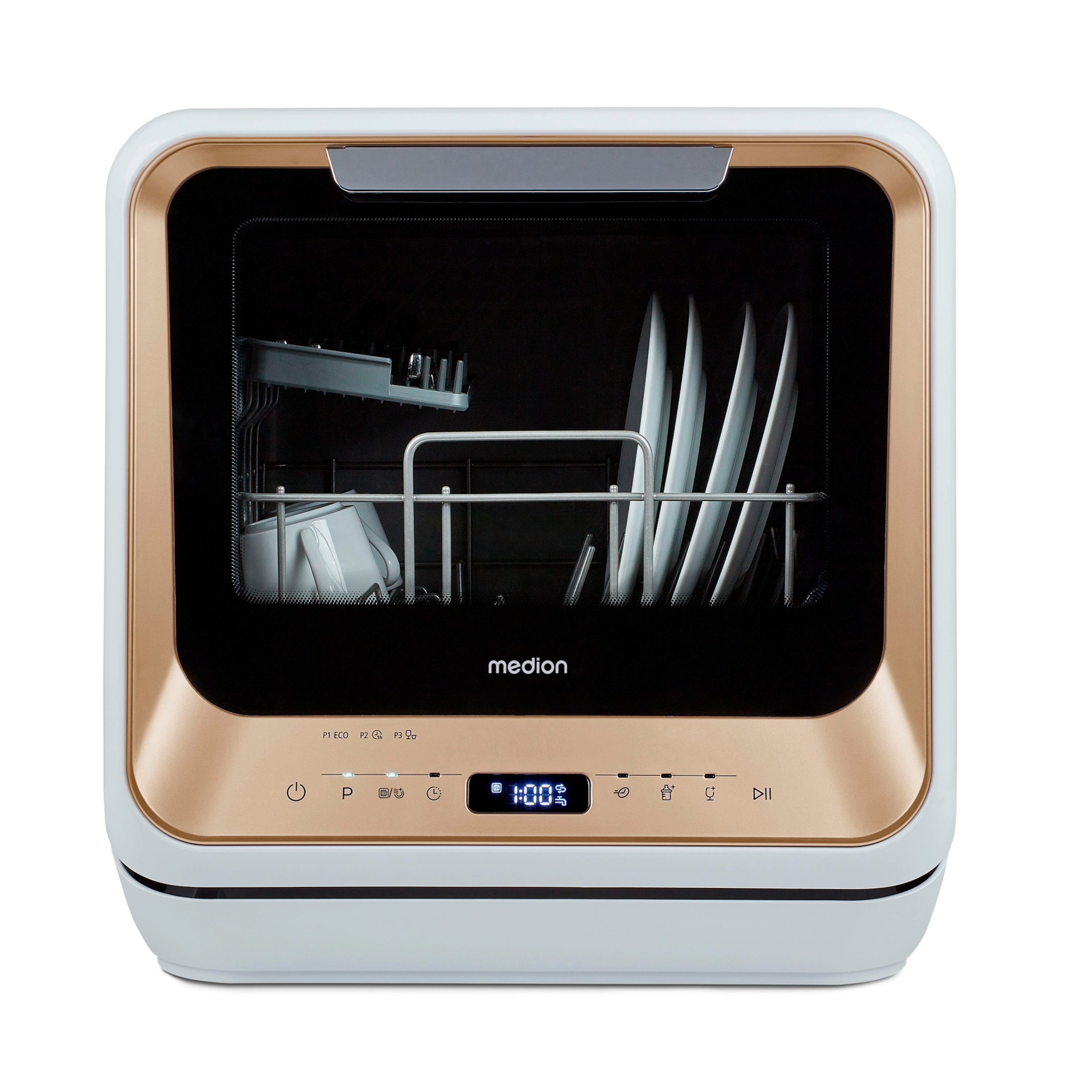 Medion® Tischgeschirrspüler MD37763, 2 Maßgedecke, mit/ohne Wasseranschluss, 6 Reinigungsprogramme, freistehend, gold