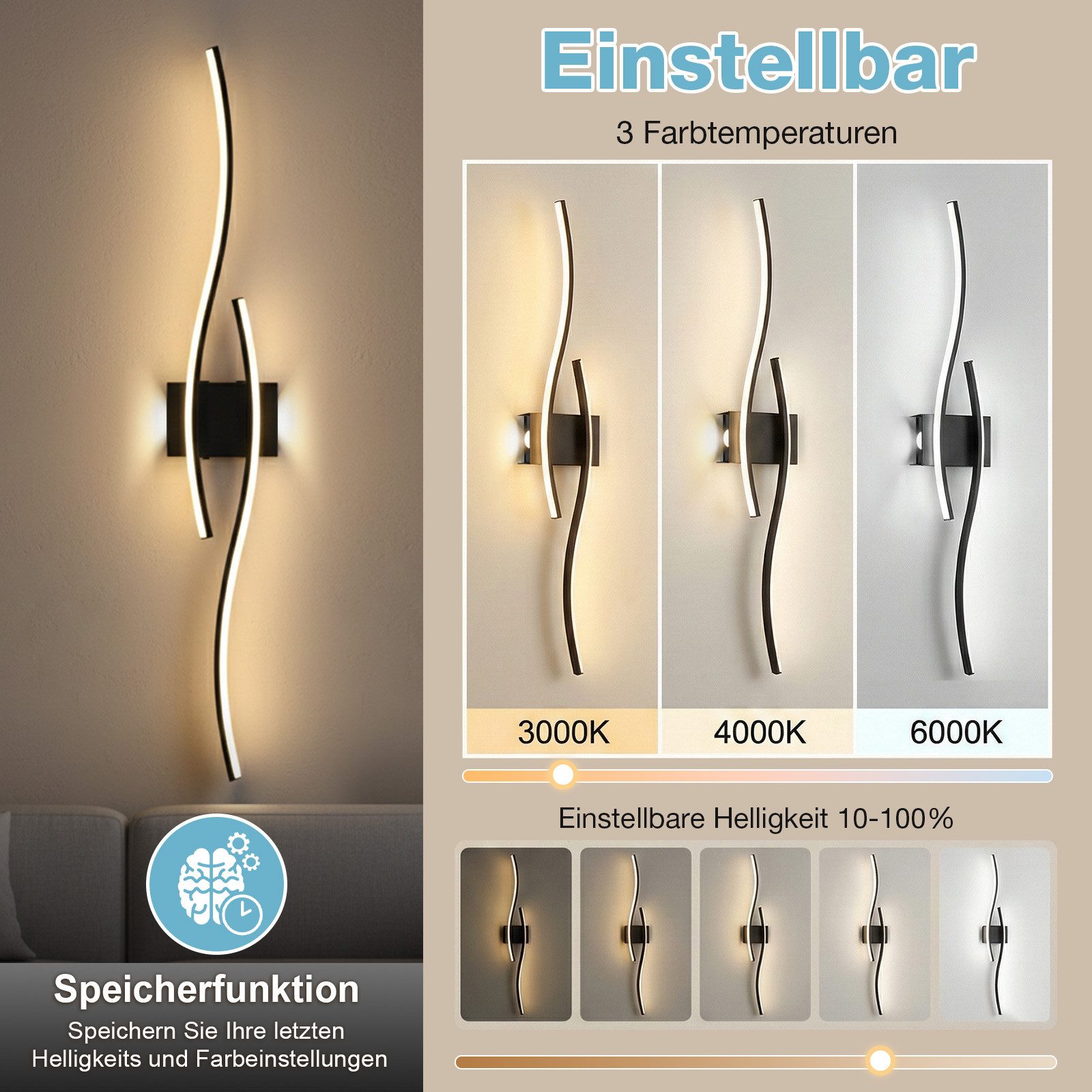 Lapalife Wandleuchte Dimmbar Wandleuchte Innen Kabelloses Wiederaufladbar, 100cm, LED fest integriert, Schwarz LED Wandlampe mit Fernbedienung, Timer, Speicherfunktion