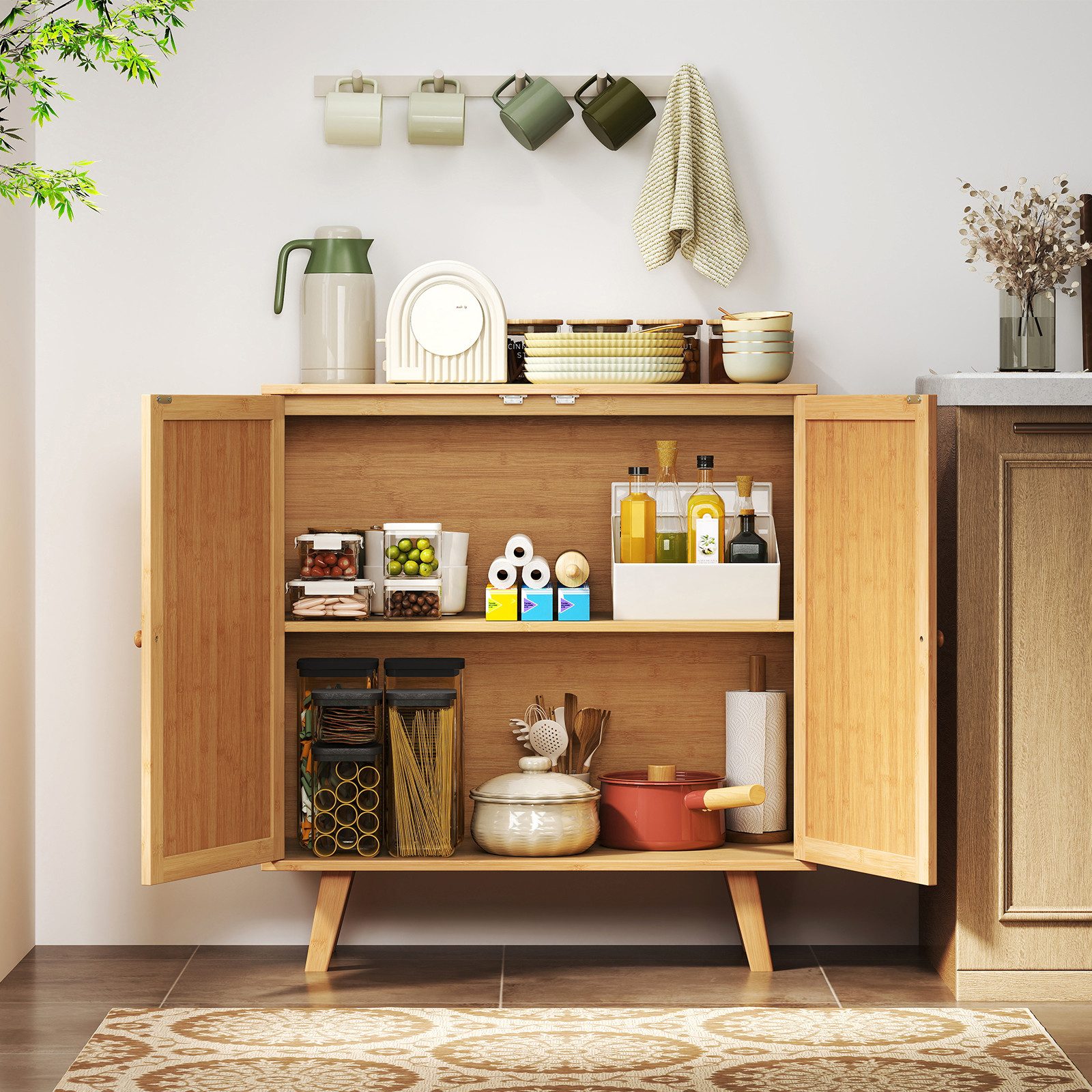 COSTWAY Küchenbuffet Sideboard Küchenschrank mit 2 Rattantüren, Bambus günstig online kaufen