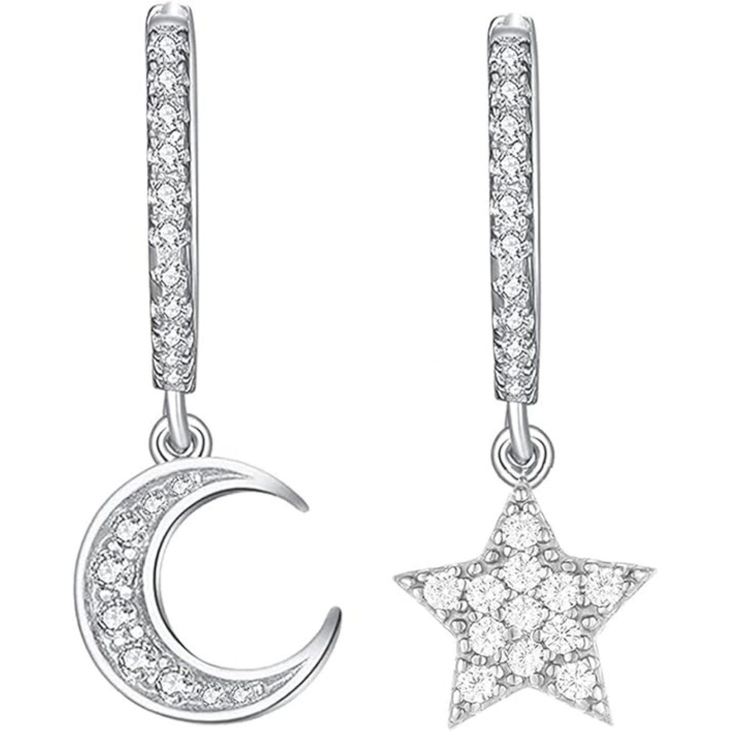 Lisandra Scott Ohrhänger-Set Creolen Mond & Stern Anhänger aus 925 Silber, Hängende Ohrringe Damen, Mit oder ohne Strass Steinen – himmlische Creolen aus 925er Silber