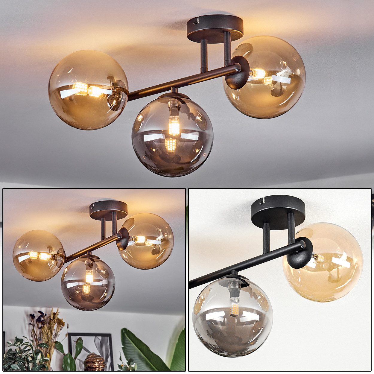 hofstein Deckenleuchte Deckenlampe aus Metall/Glas in Schwarz/Rauch-/Bernst günstig online kaufen