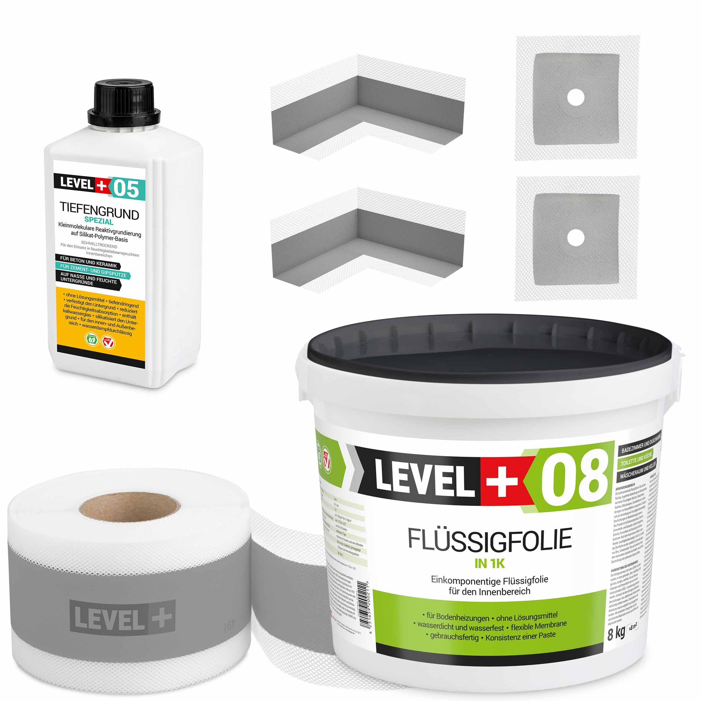 Level+ Dichtstoff Dichtset für Duschabdichtung Bad Dichtband Flüssigfolie 8kg SET57