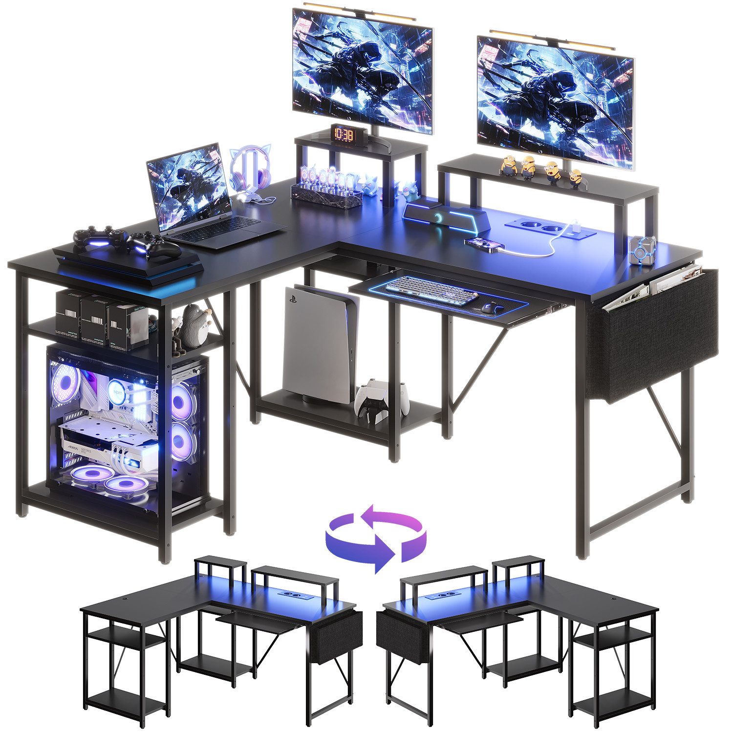 GUNJI Gamingtisch 140*140 cm L-förmiger Computertisch mit Ständer, LED-Ecks günstig online kaufen