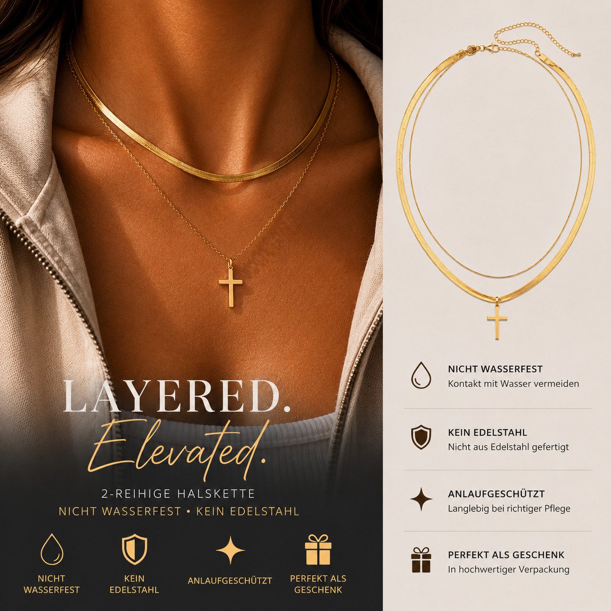 XCOAST Kreuzkette Kreuzkette Damen Double Layer Gold – 2-lagige Halskette mit Kreuz (feminin & modern im Etui, 1-tlg., Kreuz Symbolik), perfektes Geschenk, trendiges Layering